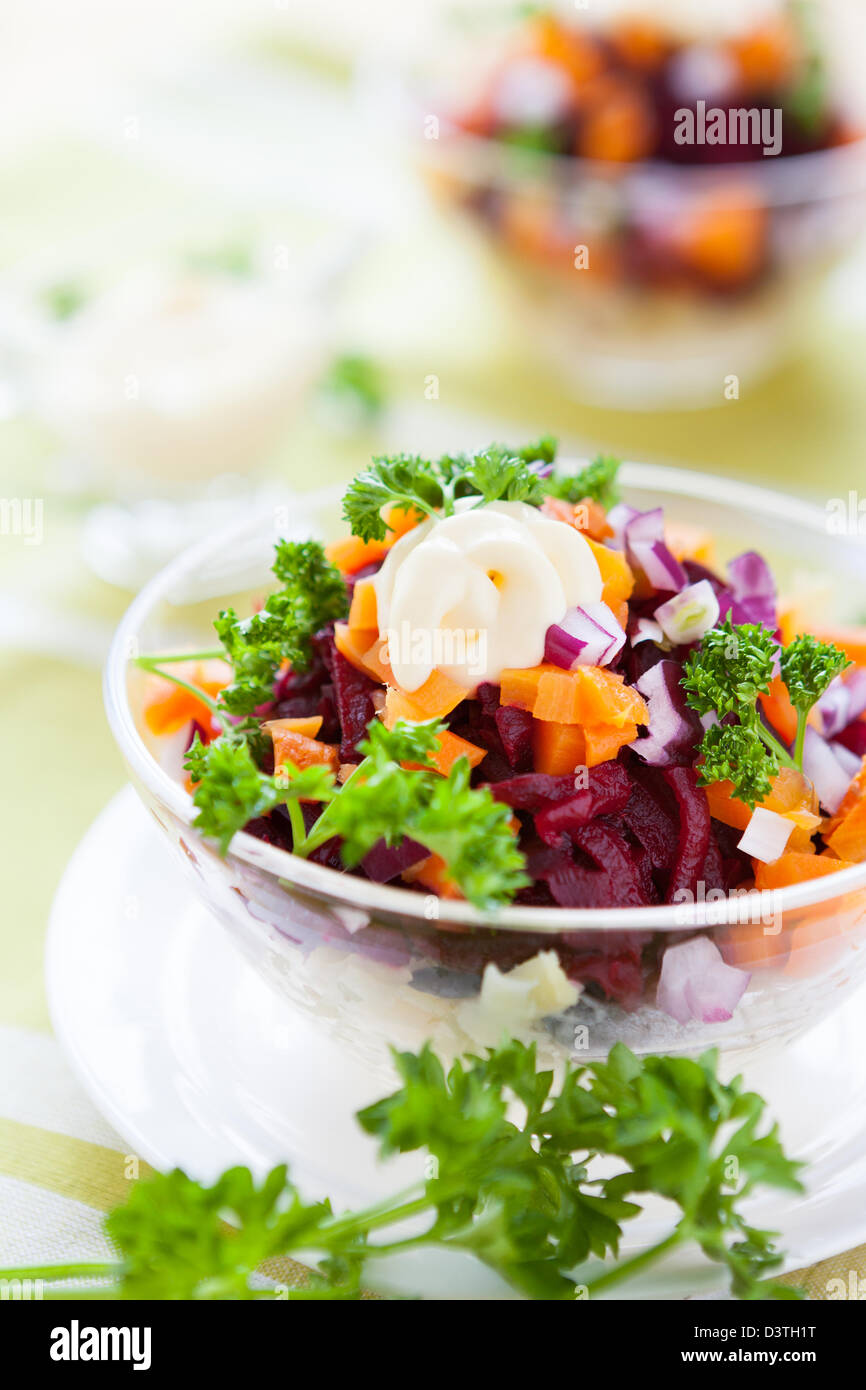 carrot and beet salad with light mayonnaise, food closeup Stock Photo
