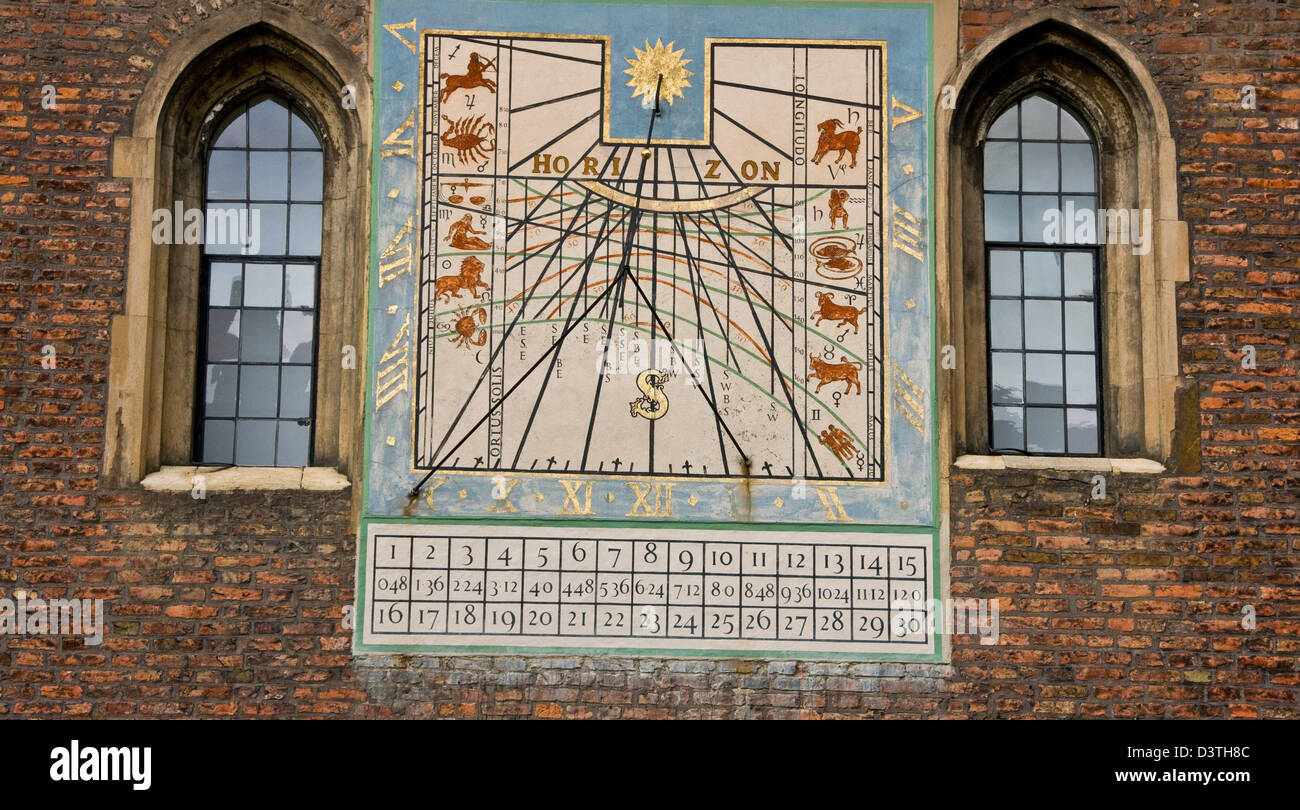 Sundial first painted in 1642 in Old Court grade 1 listed Queens College Cambridge Cambridgeshire England Europe Stock Photo