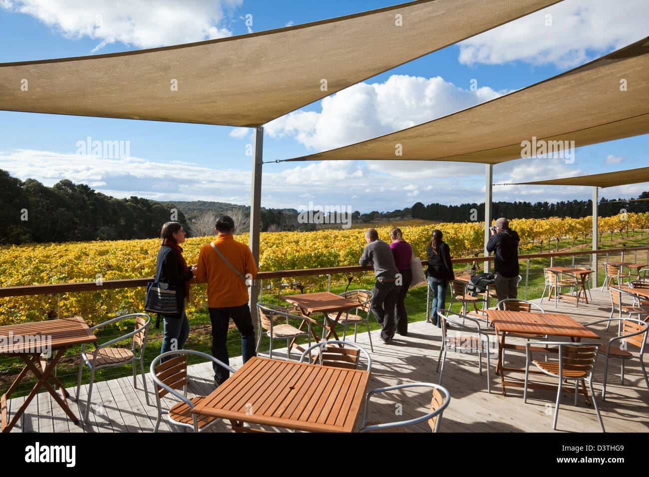 Restaurant overlooking the vineyards at Lark Hill Winery. Bungendore, Canberra, Australian Capital Territory (ACT), Australia Stock Photo