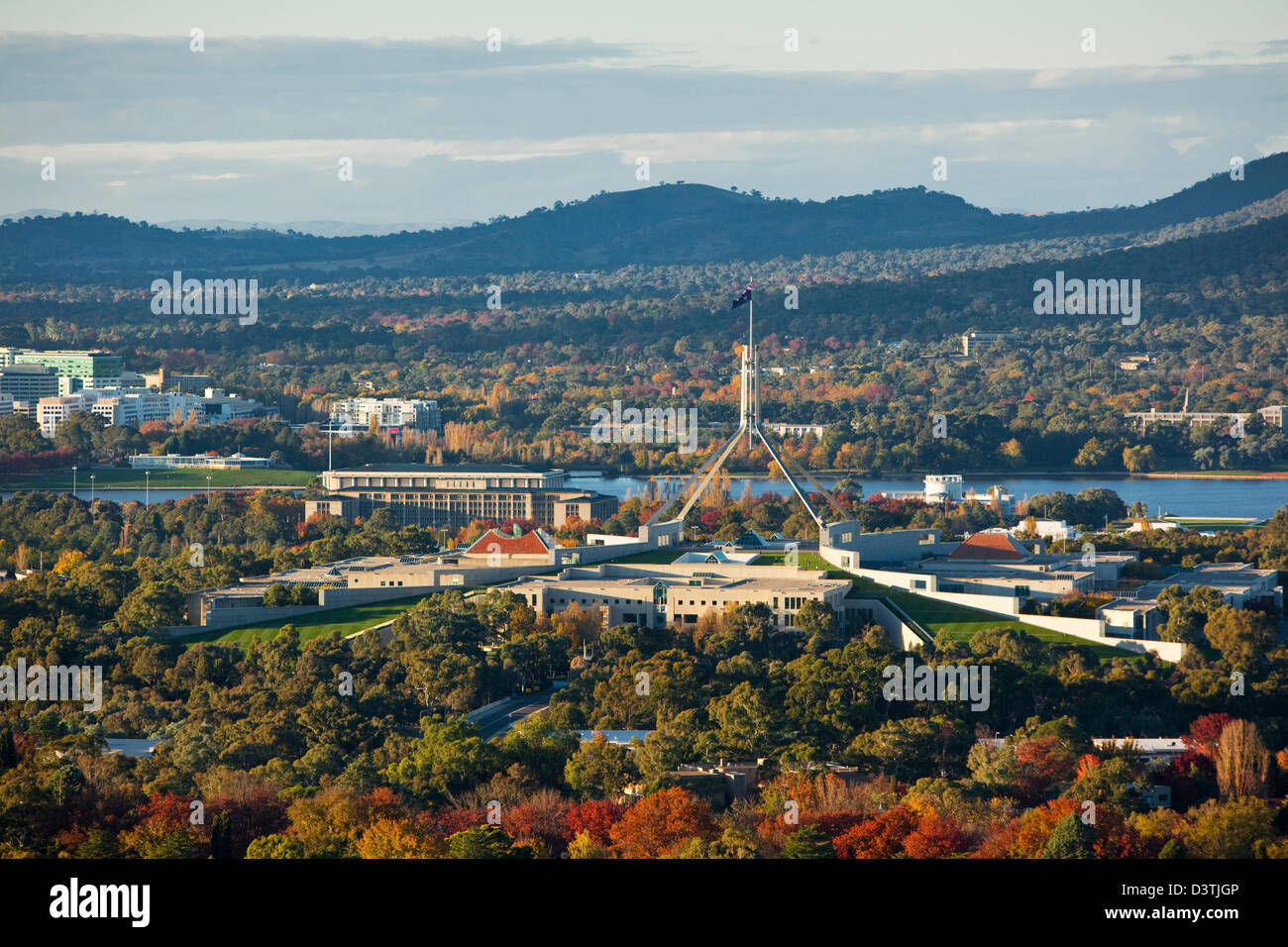 View of Parliament and city skyline from Red Hill lookout. Canberra, Australian Capital