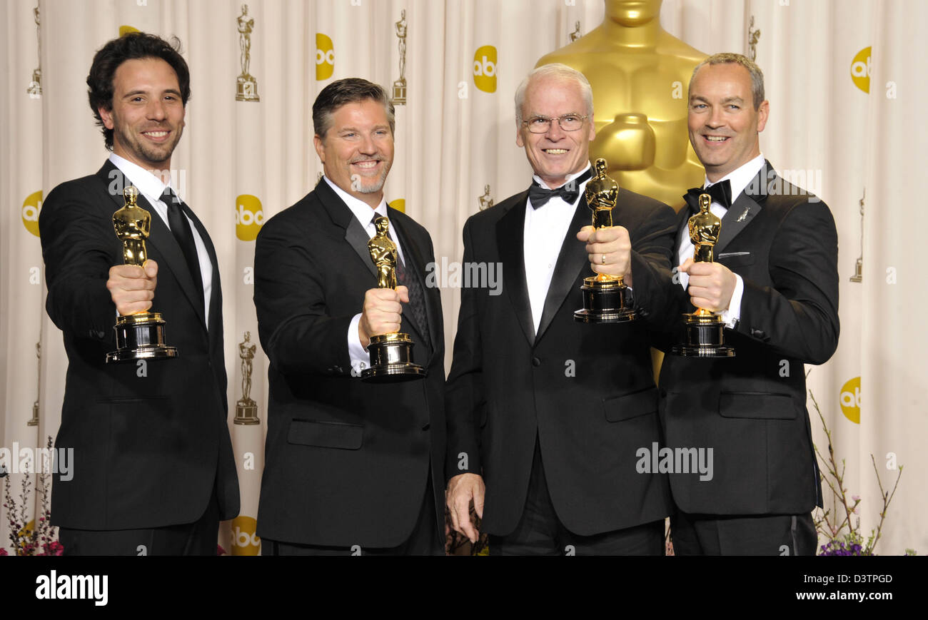 Los Angeles, California, USA. 24th February 2013.  Bill Westenhofer, Guillaume Rocherson, Erik-Jan DeBoer Donald R. Elliot attending the 85th Academy Awards - Press Room held at the Dolby Theater in Hollywood, California on February 24, 2013. 2013.(Credit Image: Credit:  D. Long/Globe Photos/ZUMAPRESS.com/Alamy Live News) Stock Photo