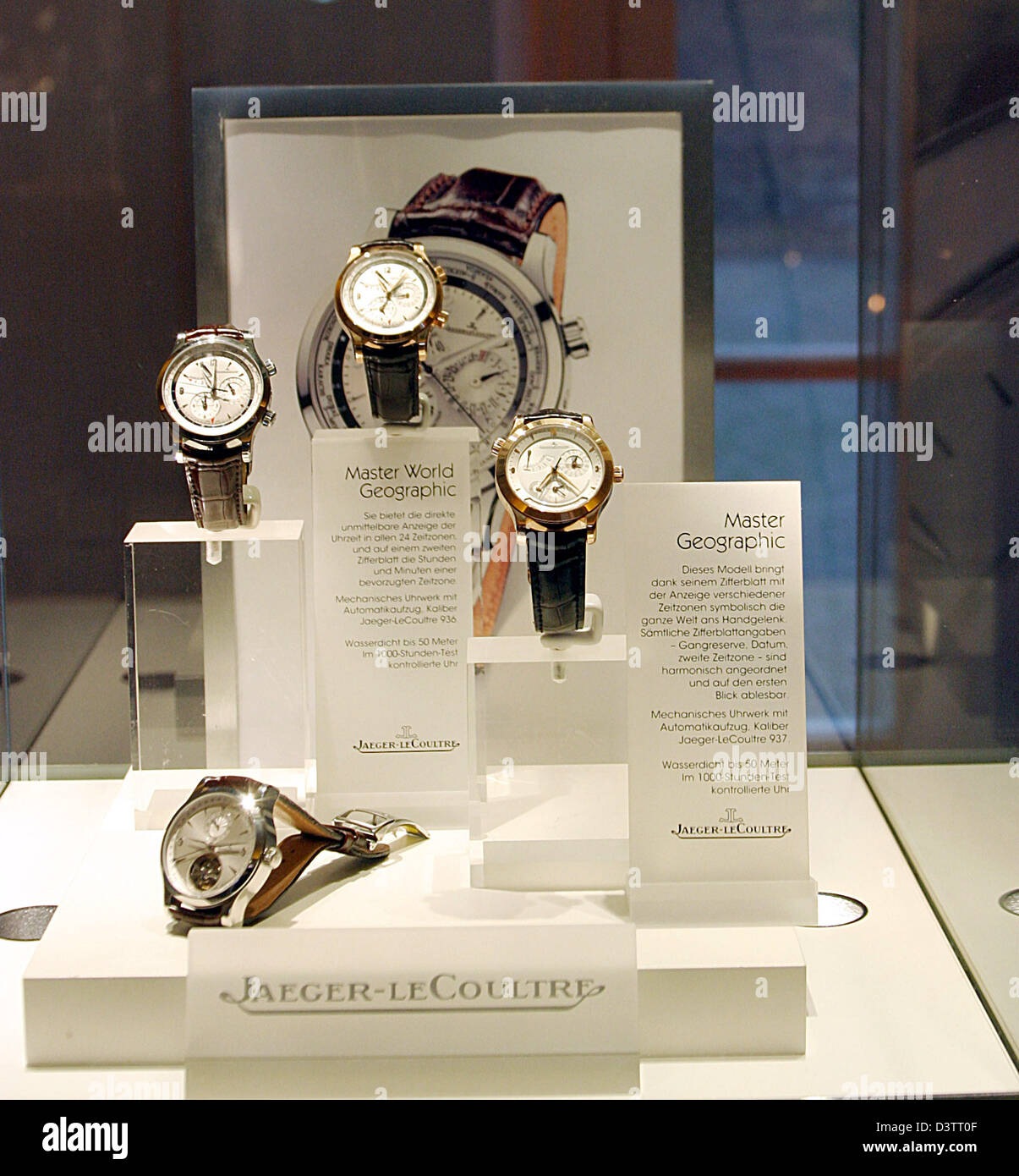 The picture shows the logo and watches of Swiss watch manufacturer ' Jaeger-Le Coultre' in Berlin, Germany, Sunday, 05 November 2006. Photo:  Xamax Stock Photo - Alamy