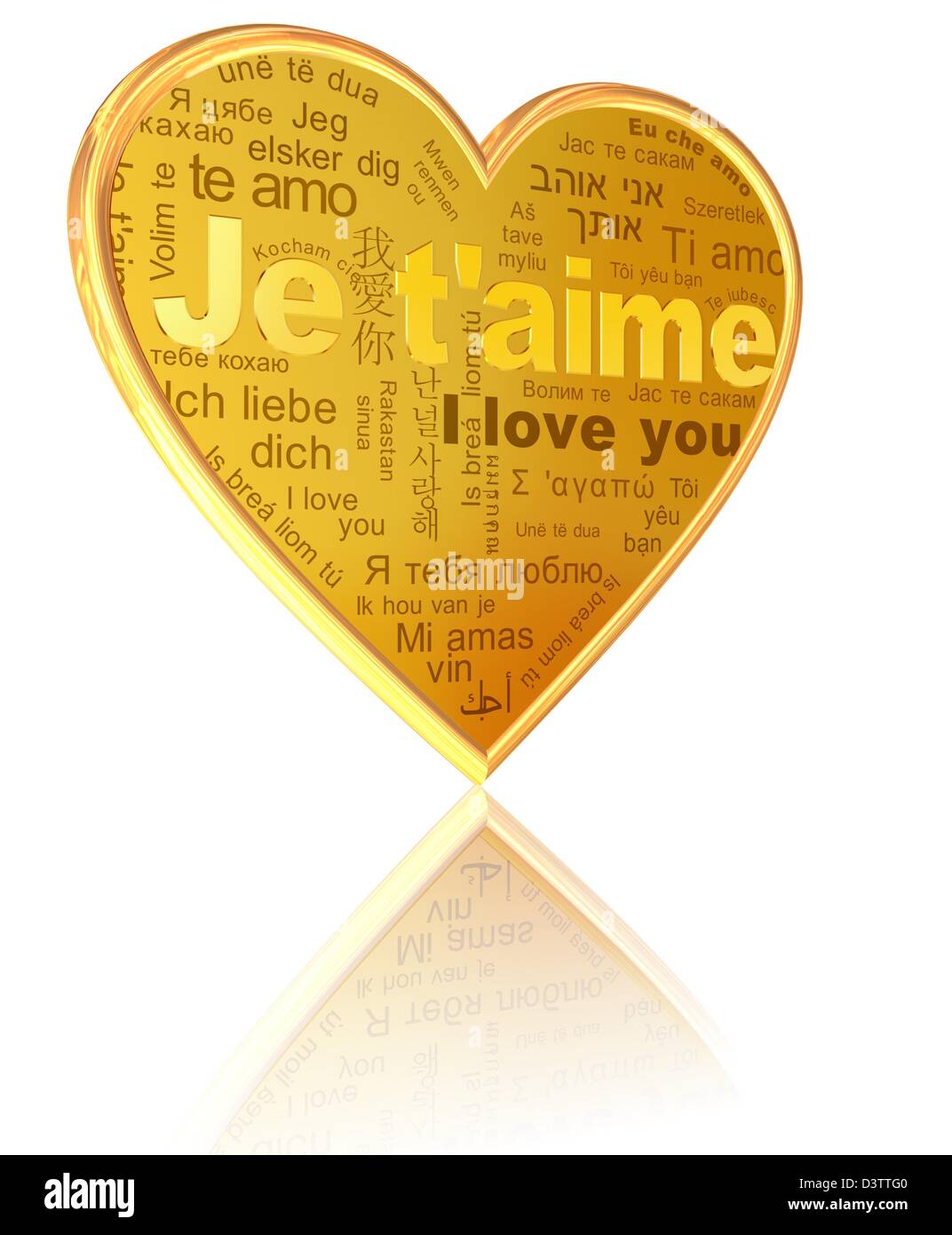 Je t'aime - golden words in different languages on the heart Stock Photo