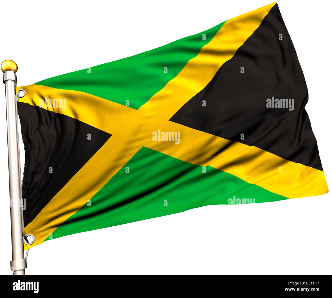 Jamaica flag on a flag pole. Clipping path included. Silk texture visible on the flag at 100%. Stock Photo