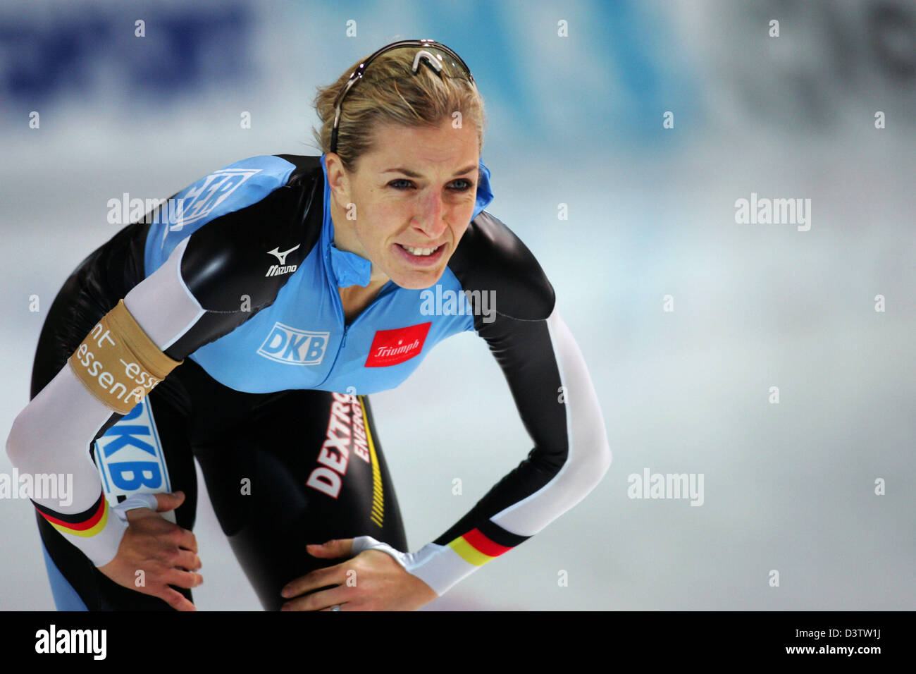 German speed skater Anni Friesinger is exhausted after winning the 1,500 metres of the speed skating world cup in Berlin, Germany, Friday 17 November 2006. Photo: Gero Breloer Stock Photo
