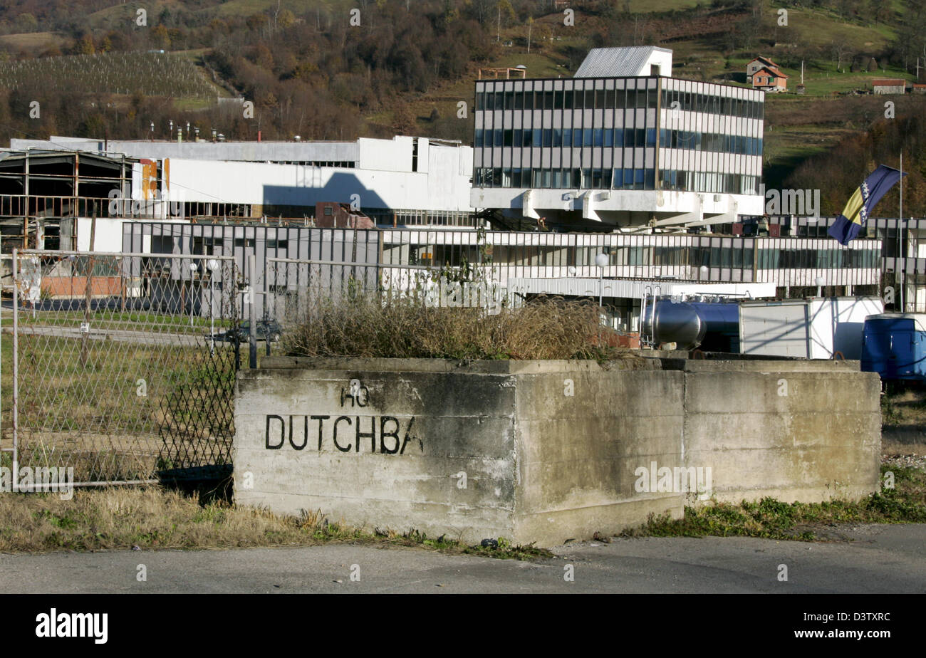 An old battery factory, the former headquarters for the Dutch UN troops, pictured in Potocari, Bosnia and Herzegovina, 15 November 2006. Potocari is located near Srebrenica at the border to Serbia. The city's number of inhabitants went down to 21,000, mostly Serbs and Serbian refugees from the Bosnian-Croatian Federation. The city set the sad scene for the massacre in July 1995, wh Stock Photo