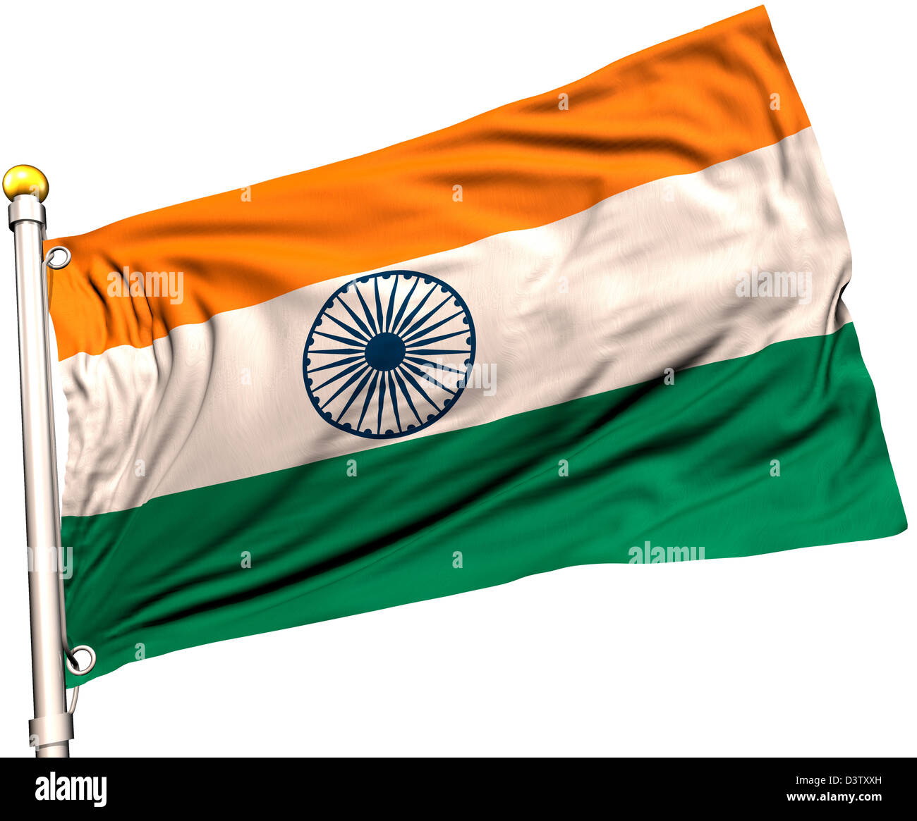 India flag on a flag pole. Clipping path included. Silk texture visible on the flag at 100%. Stock Photo