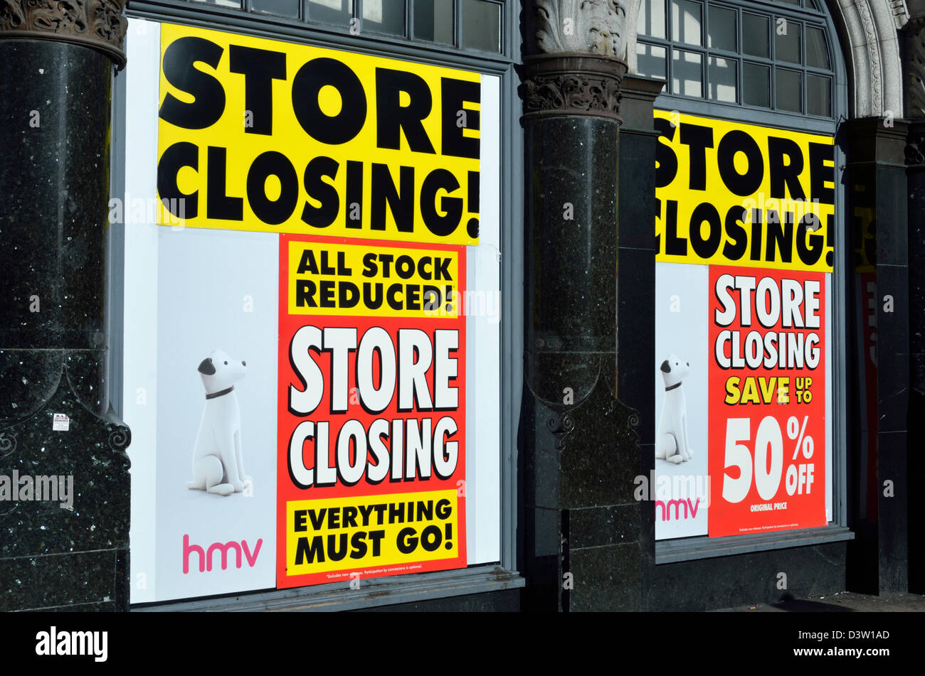 Store Closing signs outside HMV Records music shop in Piccadilly Circus