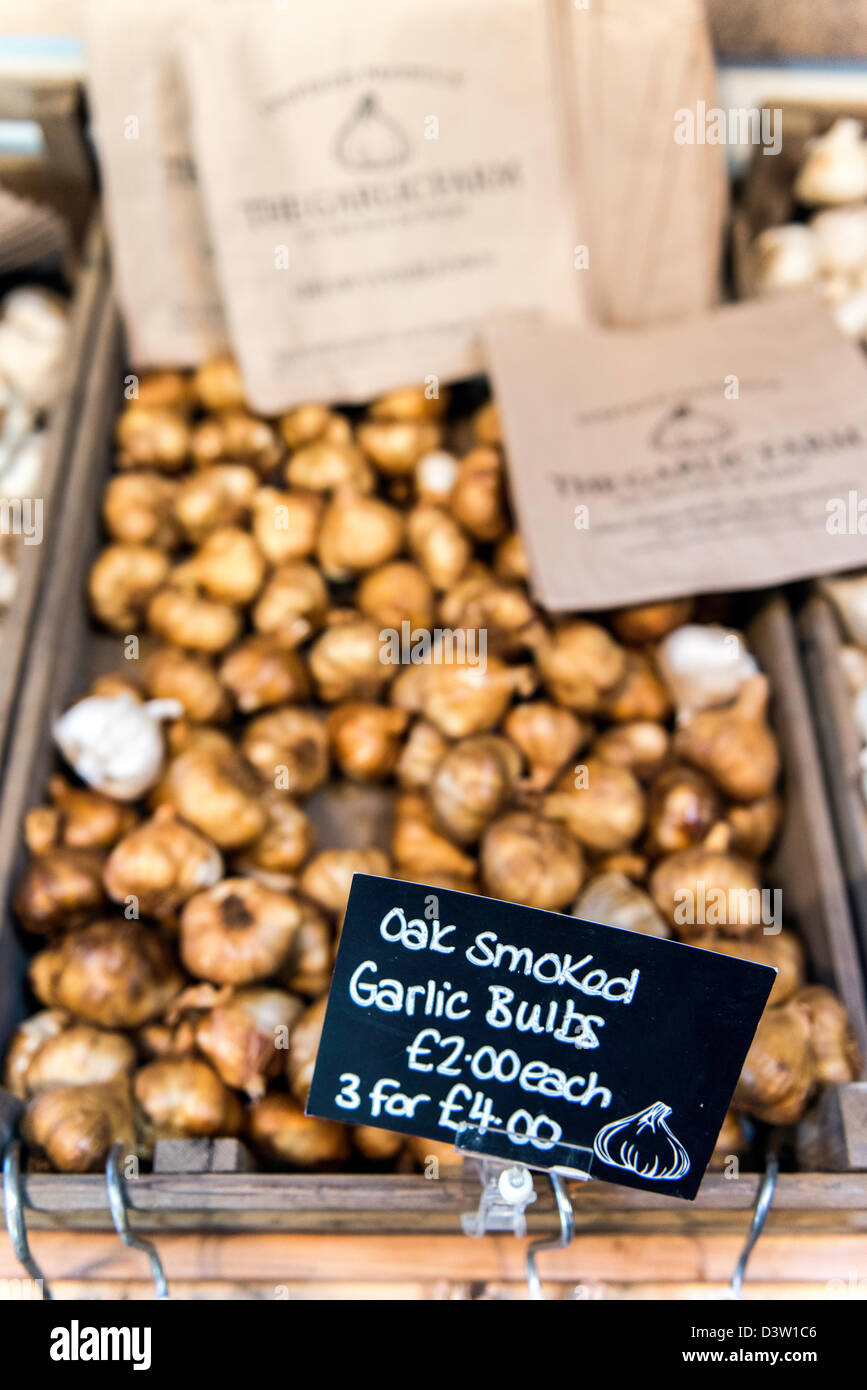 Oak Smoked Garlic bulbs at The Garlic Farm Isle of White England Great Britain UK Stock Photo