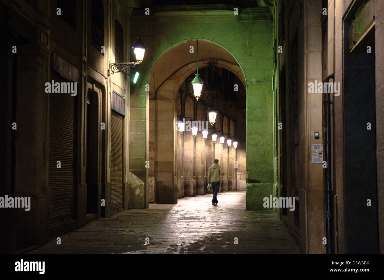 Passage to Plaça Reial at night Stock Photo