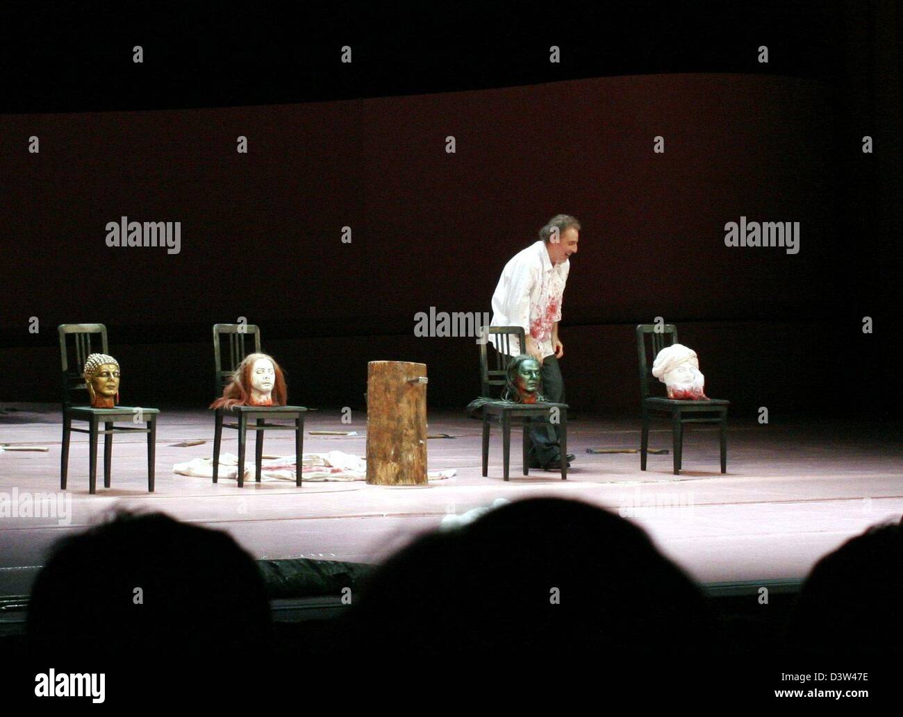 The picture shows the disputed final scene of the 'Idomeneo' staging by Hans Neuenfels at the German Opera in Berlin, Monday 18 December 2006. The production of the opera Idomeneo that had been cancelled due to fears of attacks by militant muslims was resumed on Monday, 18 December under police protection. In the last scene the beheaded heads of Jesus, Buddha and Muhammad are displ Stock Photo