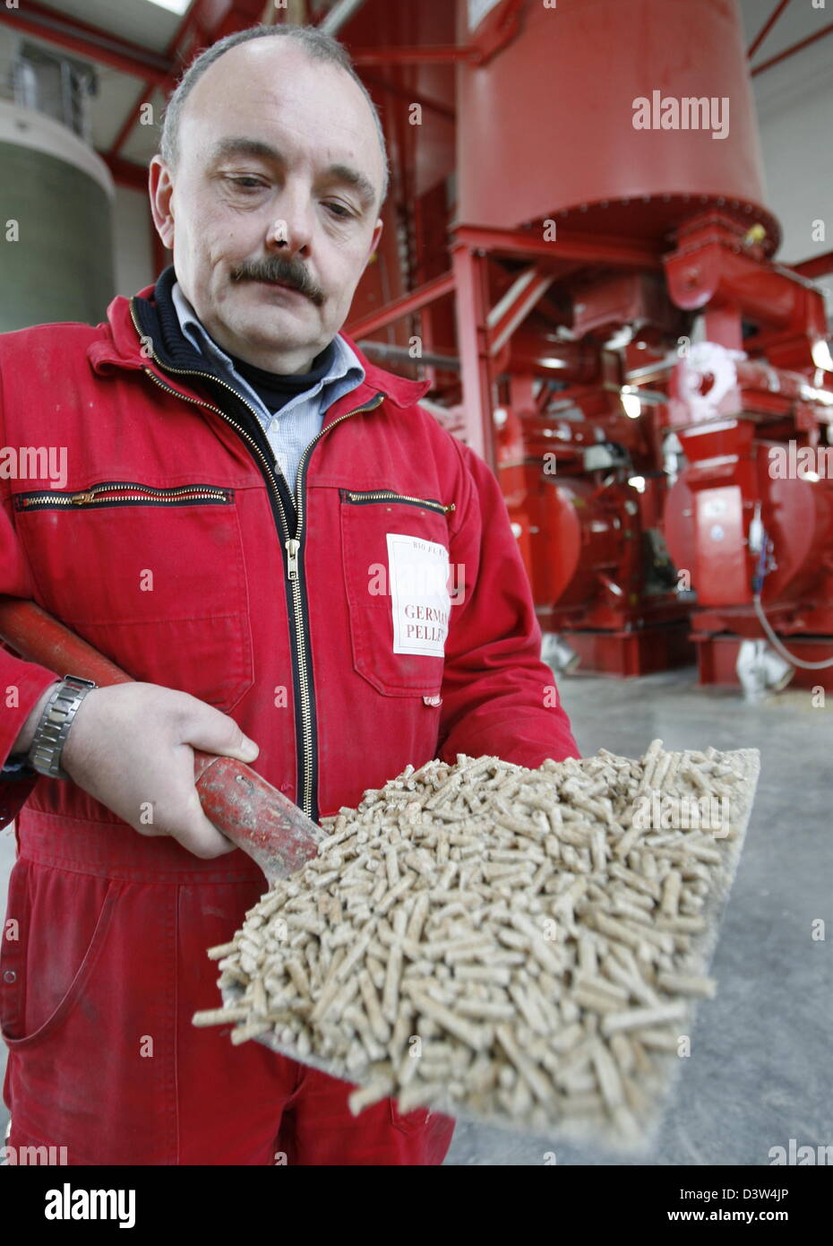 An employee of the pellet factory presents the prepared pellets in the