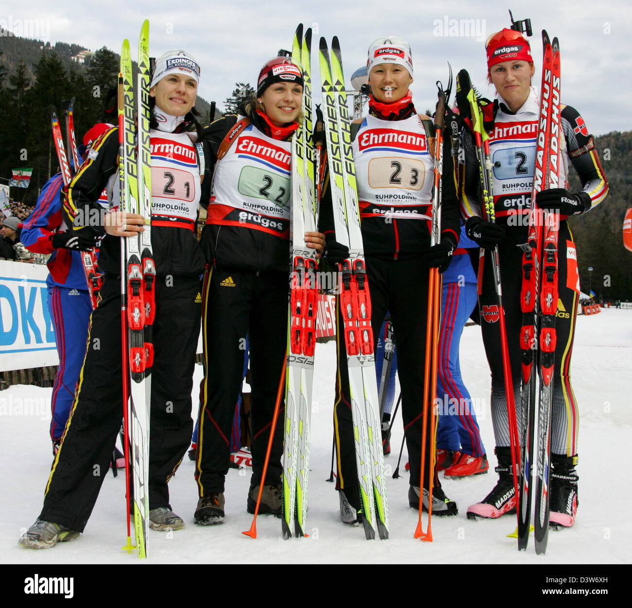 German Kati Wilhelm, Simone Denkinger, Magdalena Neuner  and Kathrin Hitzer (R-L) smile after the Biathlon World Cup women's 6k relay event in Ruhpolding, Germany, Wednesday, 10 January 2007. Russia produced the finest shooting performance of the season to win the fourth World Cup women's relay of the campaign in Ruhpolding ahead of the German team. Photo: Matthias Schrader Stock Photo