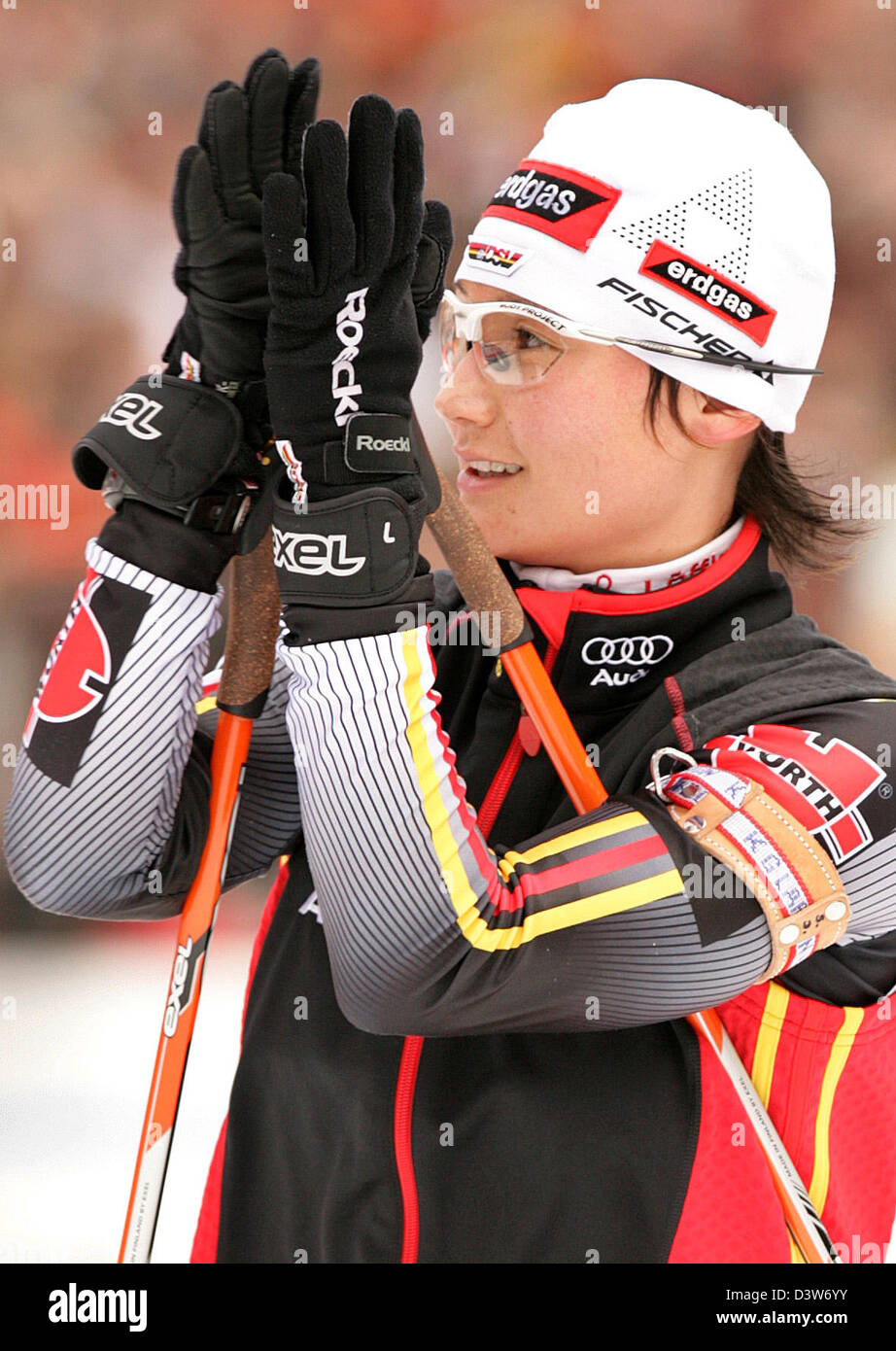 German Simone Denkinger smiles prior to the Biathlon World Cup women's 6k relay event in Ruhpolding, Germany, Wednesday, 10 January 2007. Russia produced the finest shooting performance of the season to win the fourth World Cup women's relay of the campaign in Ruhpolding ahead of the German team. Photo: Andreas Gebert Stock Photo