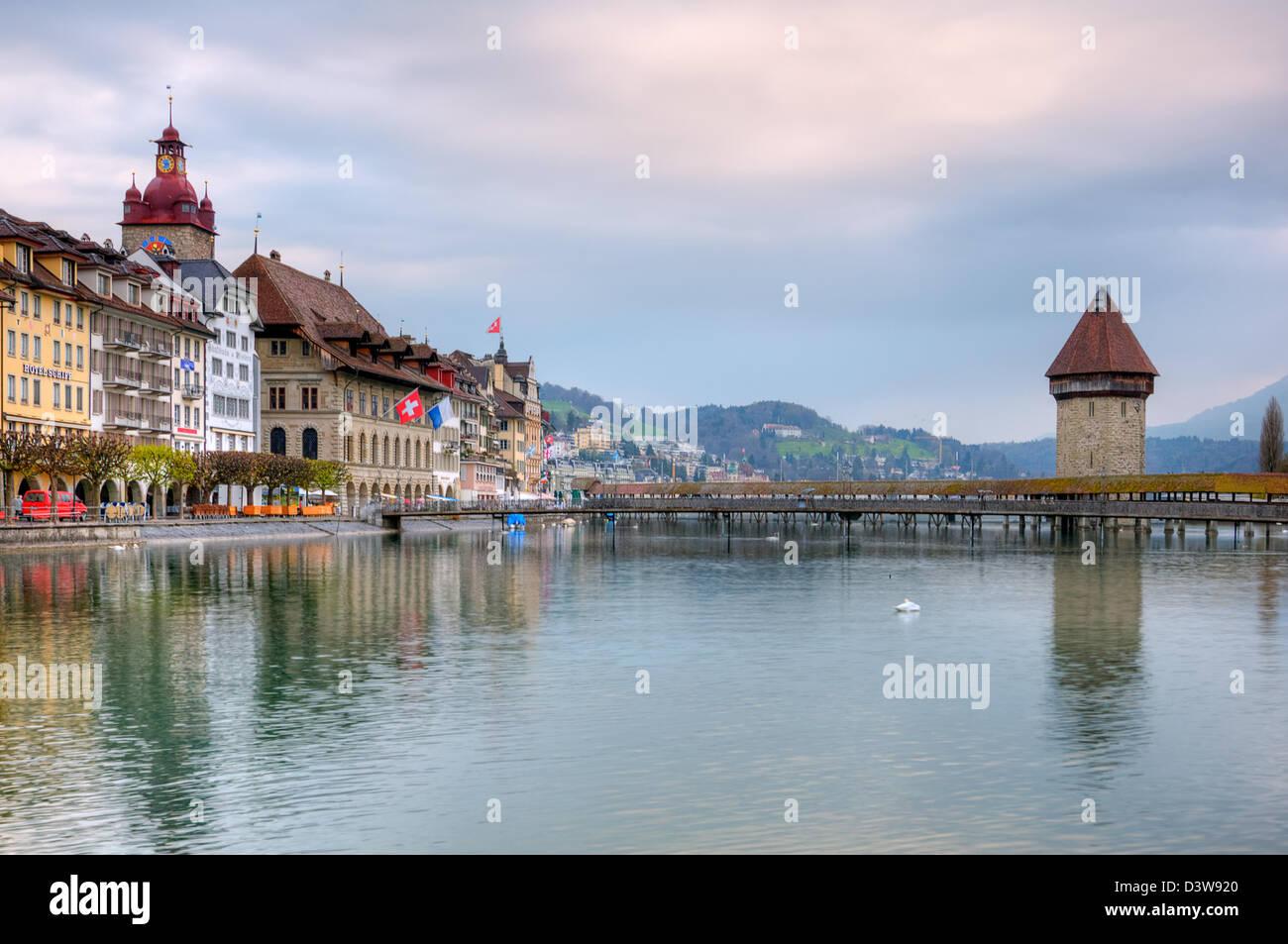 A view of Lake Lucerne and Water Tower Stock Photo