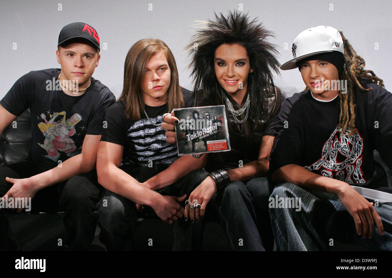 Bill Kaulitz (2nd R), singer of German teenie band 'Tokio Hotel', and his  band mates present the band's 2nd album release 'Zimmer 483' (Room 483) at  a press conference in Berlin, Germany,