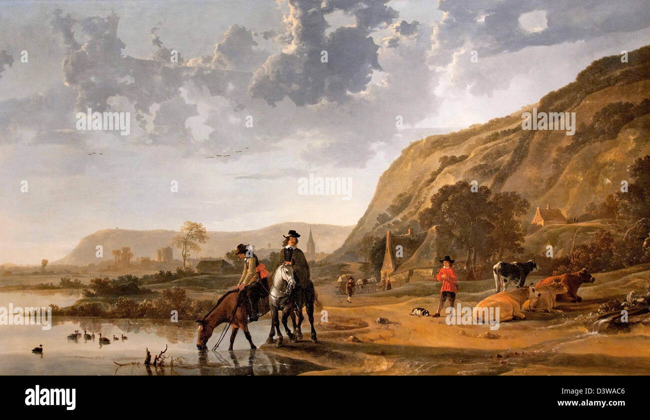 River landscape with riders 1655 Aelbert Cuyp Dutch Netherlands Stock Photo