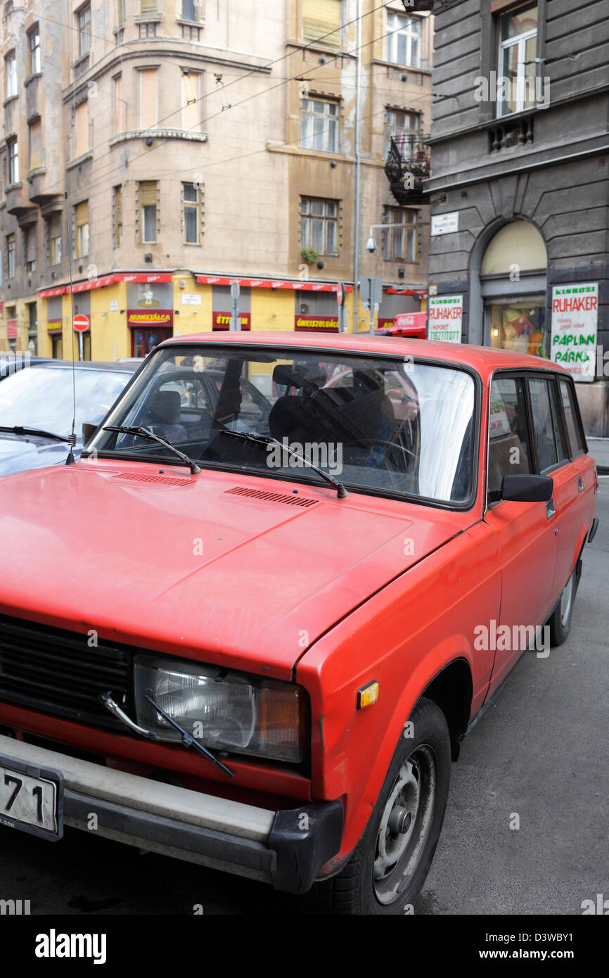Budapest, Hungary, the red car brand Lada parked in the district Erzsebetvaros Stock Photo