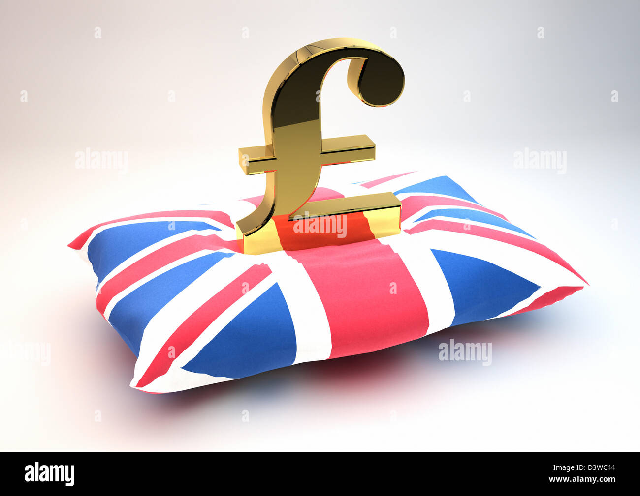 Solid gold British Pound symbol sitting on a Union Jack Flag patterned cushion - Protecting falling currency / caring concept Stock Photo