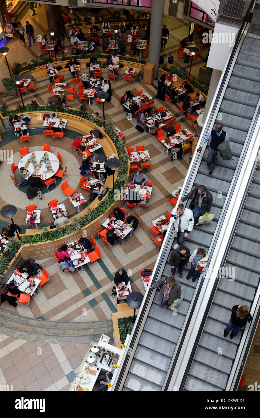 Budapest, Hungary, restaurant and escalator in shopping center Westend City Center Stock Photo
