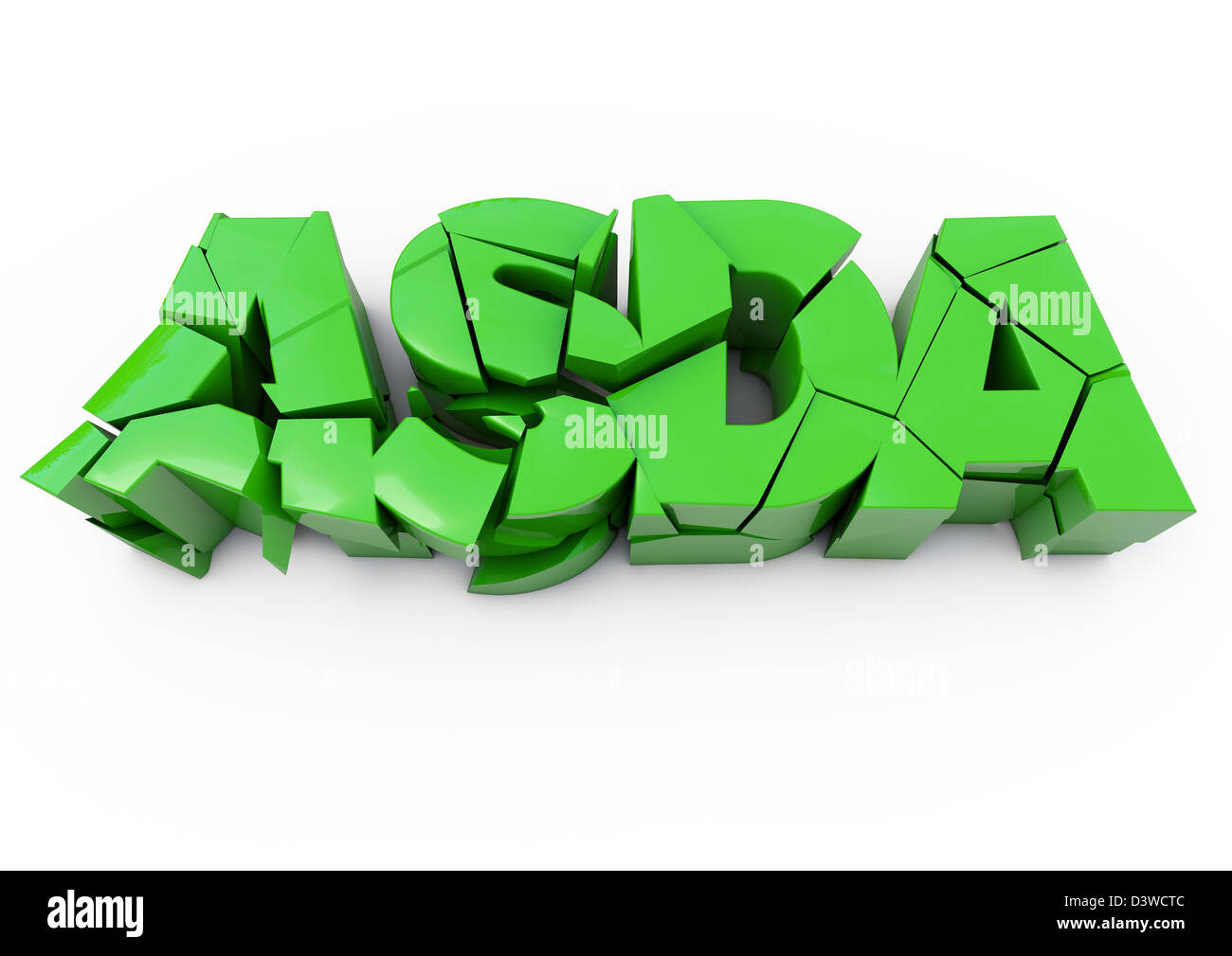 3D render of a cracking and crumbling Asda logo - Concept Stock Photo