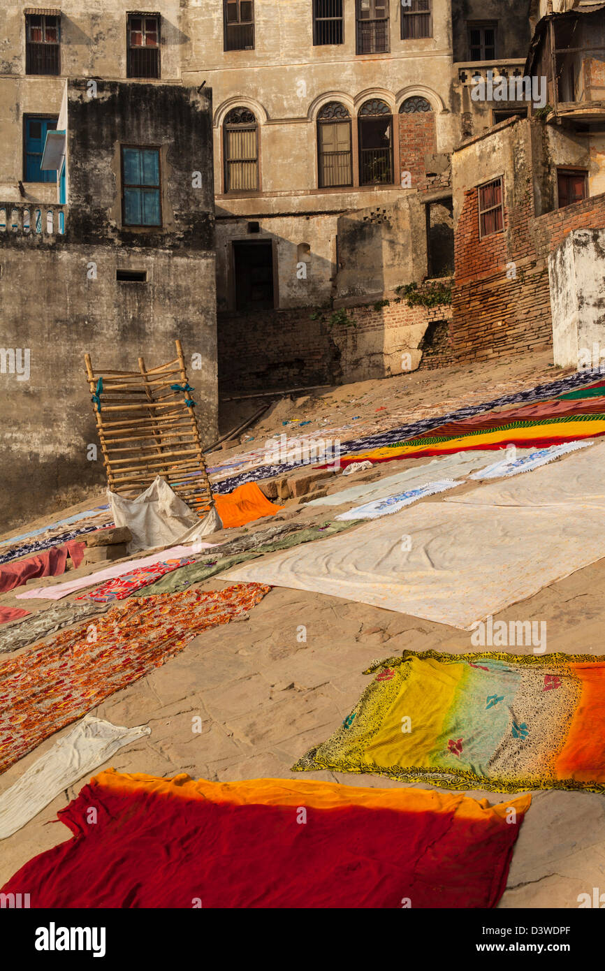 washing laid out to dry in the sun, Varanasi, India Stock Photo Alamy