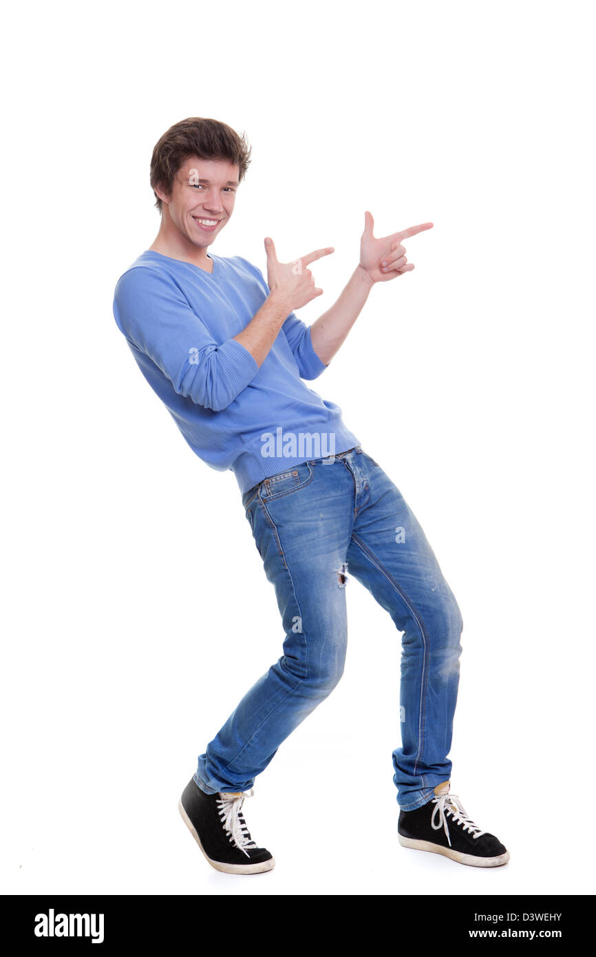 happy teen pointing at copy space Stock Photo