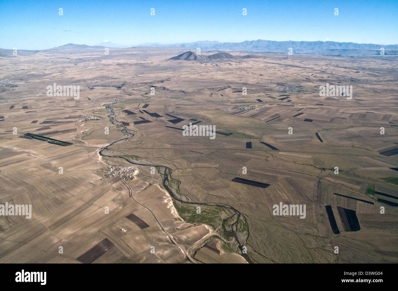 Aerial view of the Turkish steppes near the city of Kars and the Armenia border in the eastern Anatolia region of northeastern Turkey. Stock Photo