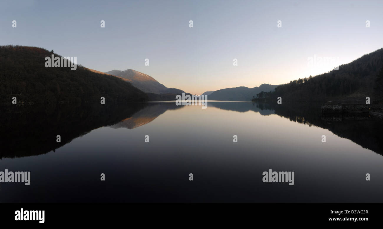 Thirmere reservoir, reflections, water, sky, hills, trees, Stock Photo