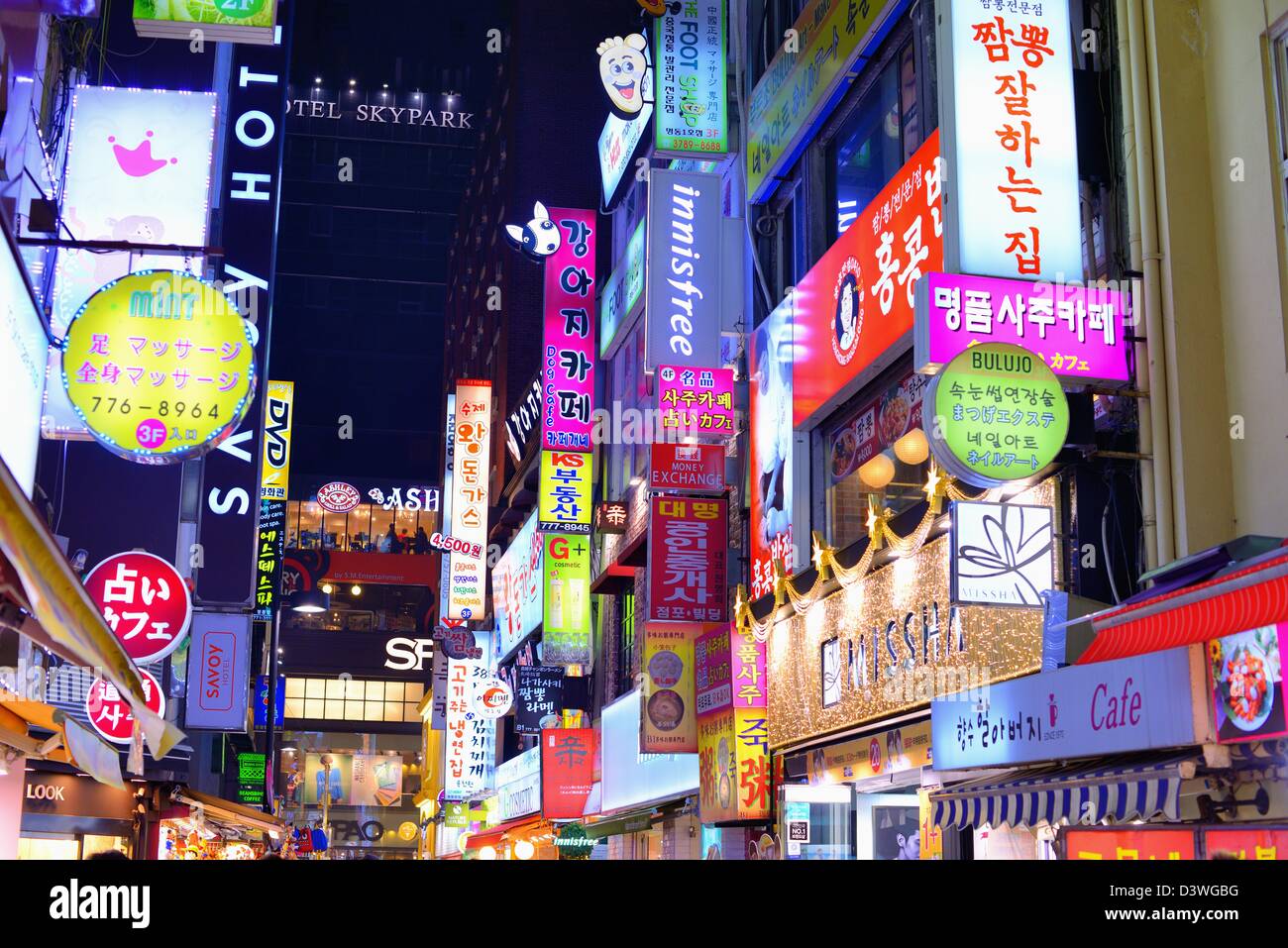 Neon signs in Myeong-dong district of Seoul, South Korea. Stock Photo