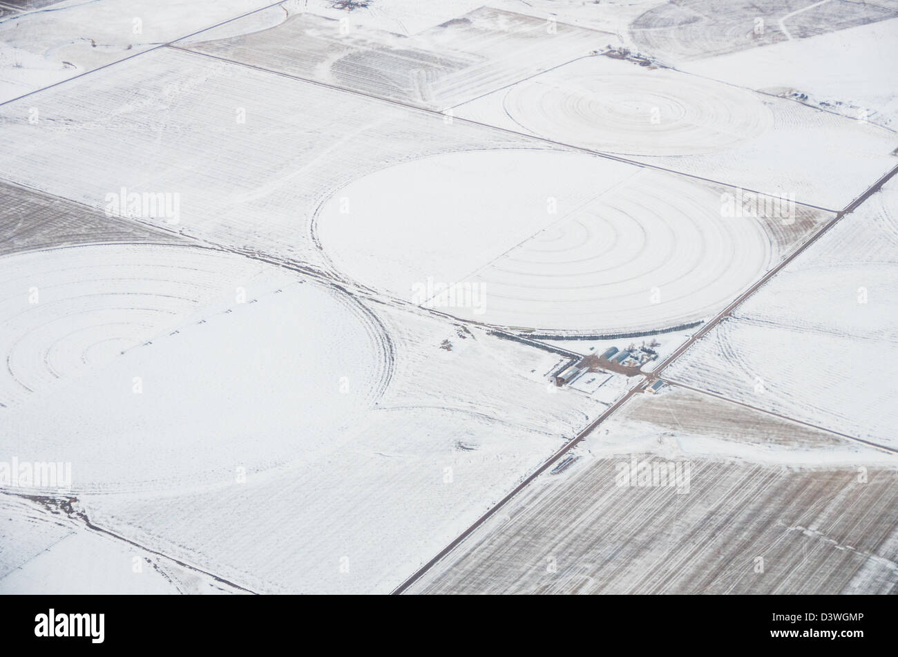An aerial view of irrigated cropland in the winter with circles Stock Photo