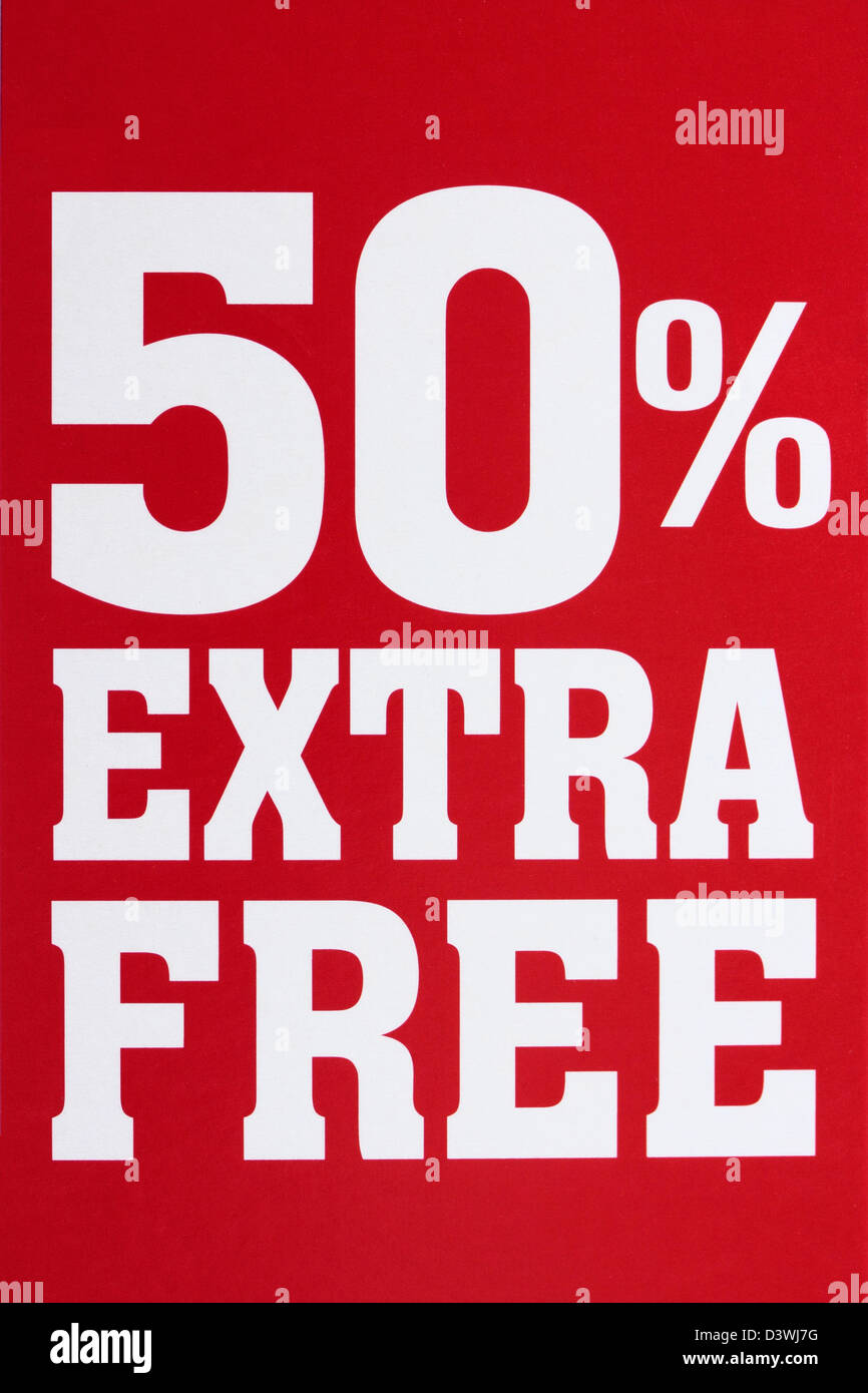 50% Extra Free Sign white on bright red Stock Photo