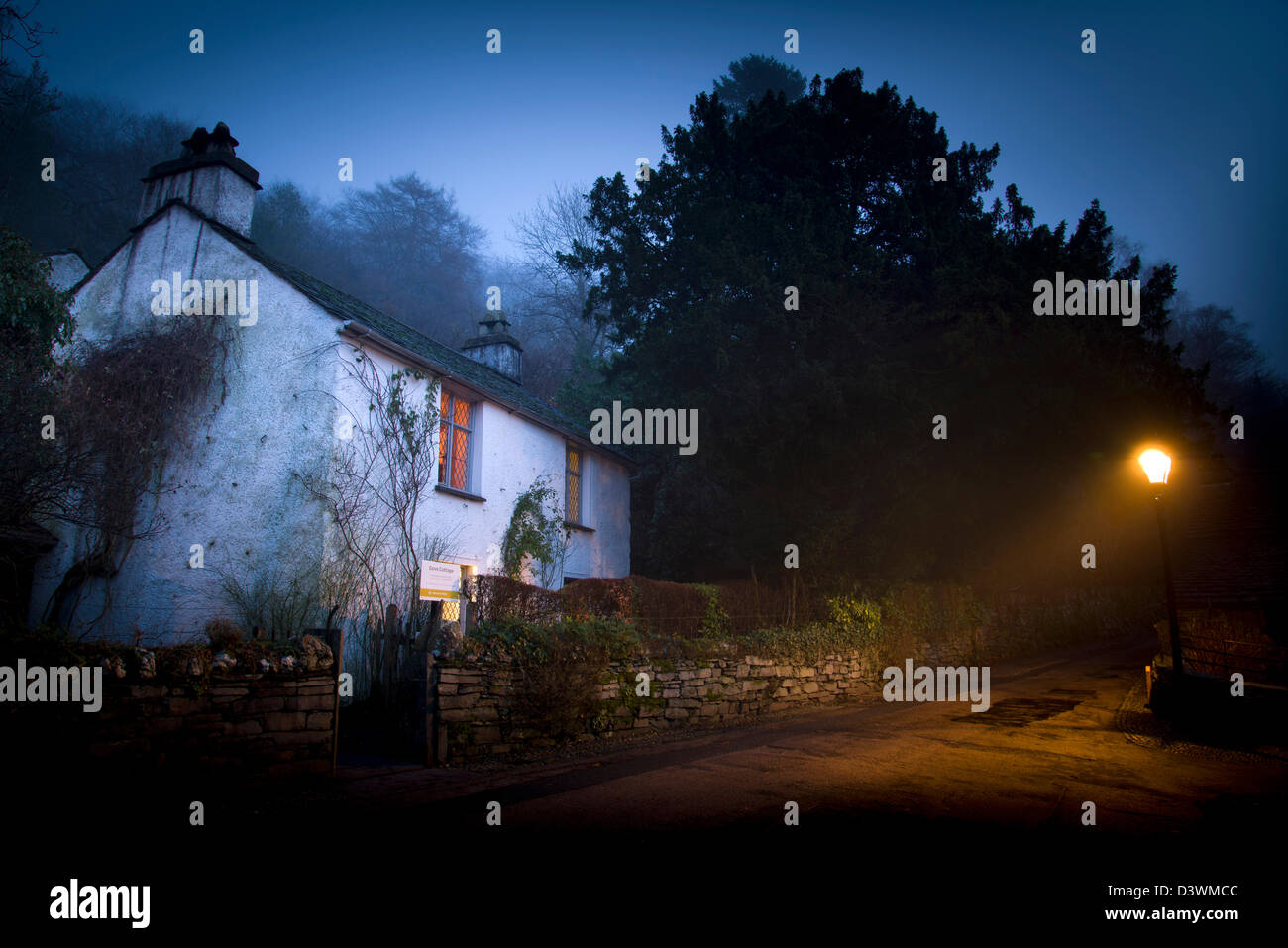 William Wordsworth house Dove Cottage, fog, mist, night, evening, tourism, lonely, Stock Photo