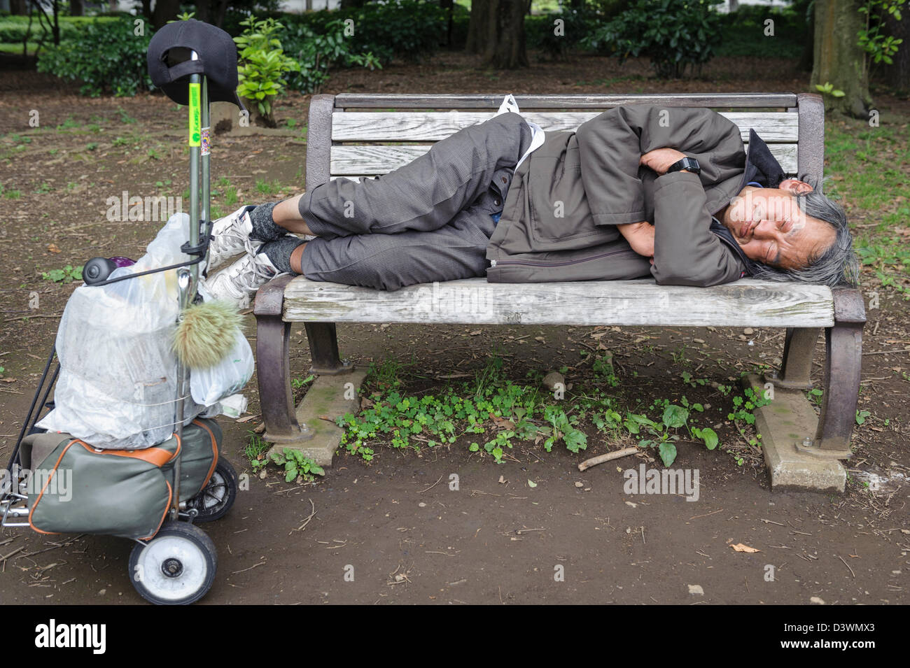 Homeless sleeping on a bench, Yoyogi park, Tokyo, Japan, Asia Stock
