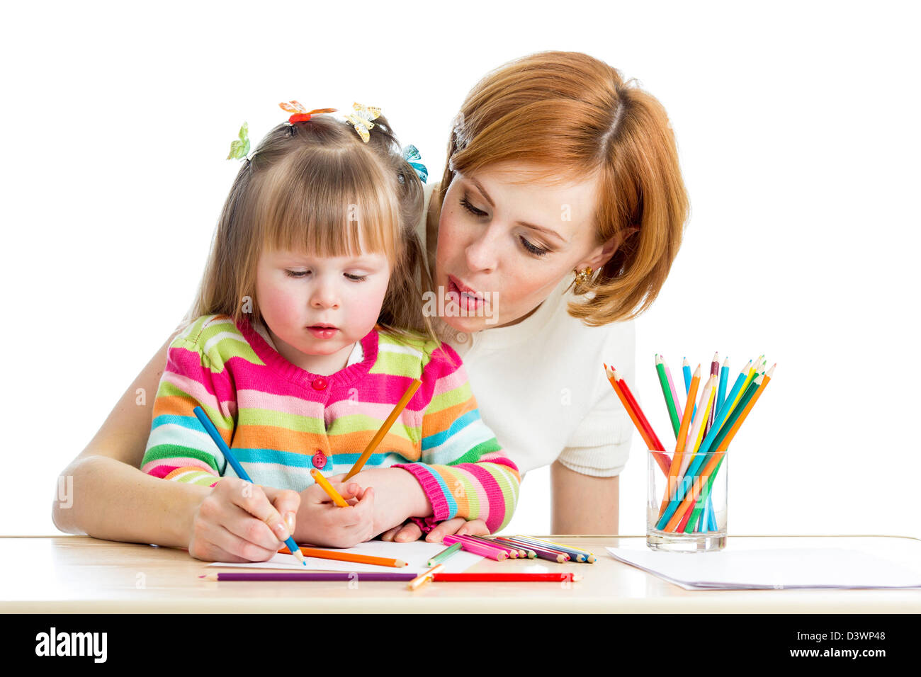 mother and her child girl pencil together Stock Photo