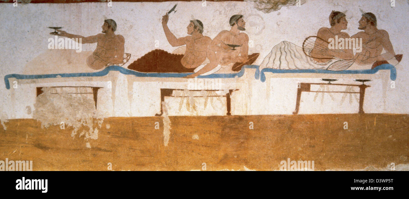 Greek art. Tomb of the Diver. 5th century BC. Symposium, north wall. National Museum of Paestum. Italy. Stock Photo