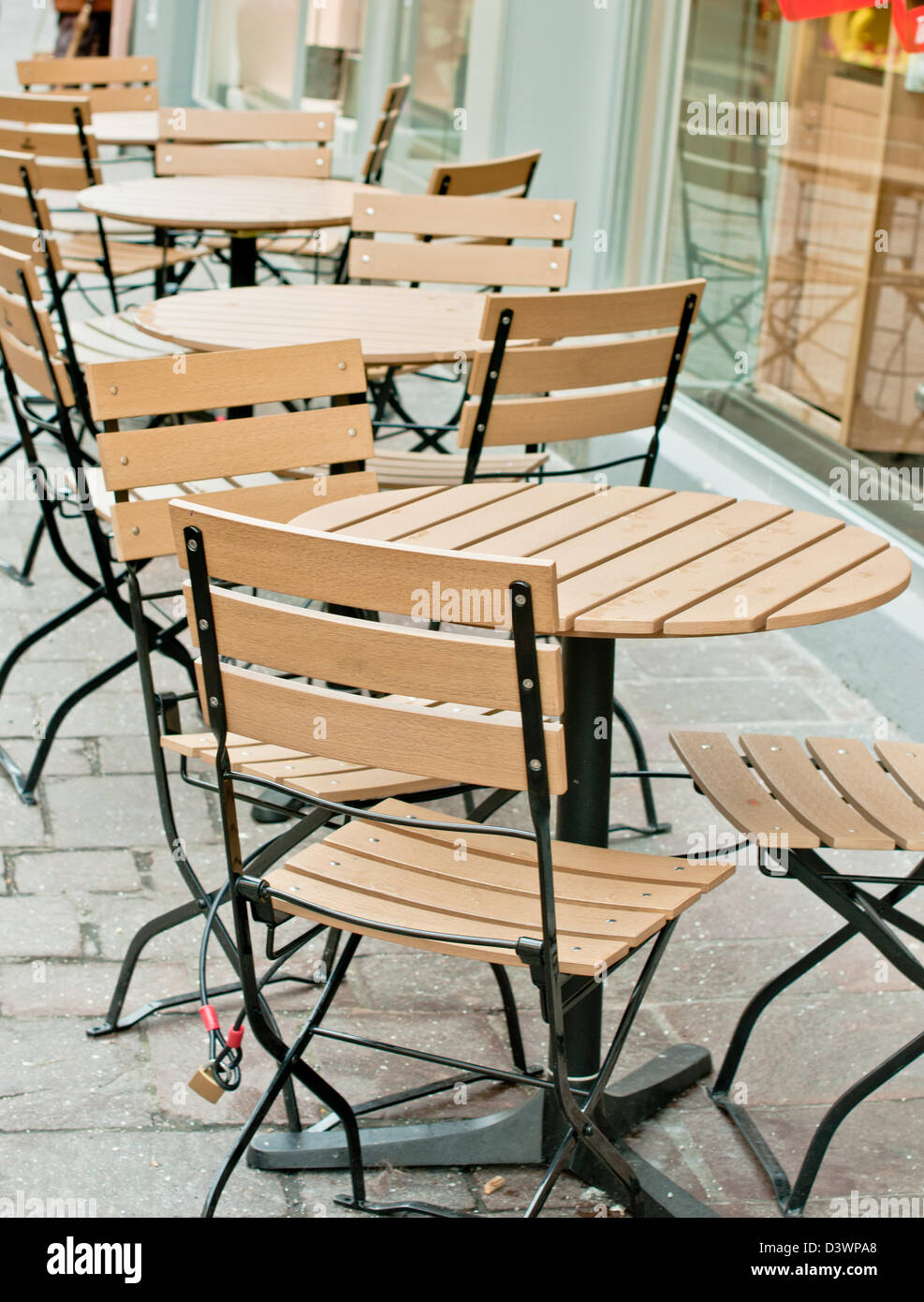 yellow, vertical, table, sidewalk cafe, sidewalk, restaurant, red, pizzeria, outdoors, objects equipment, nobody, multi colored, Stock Photo