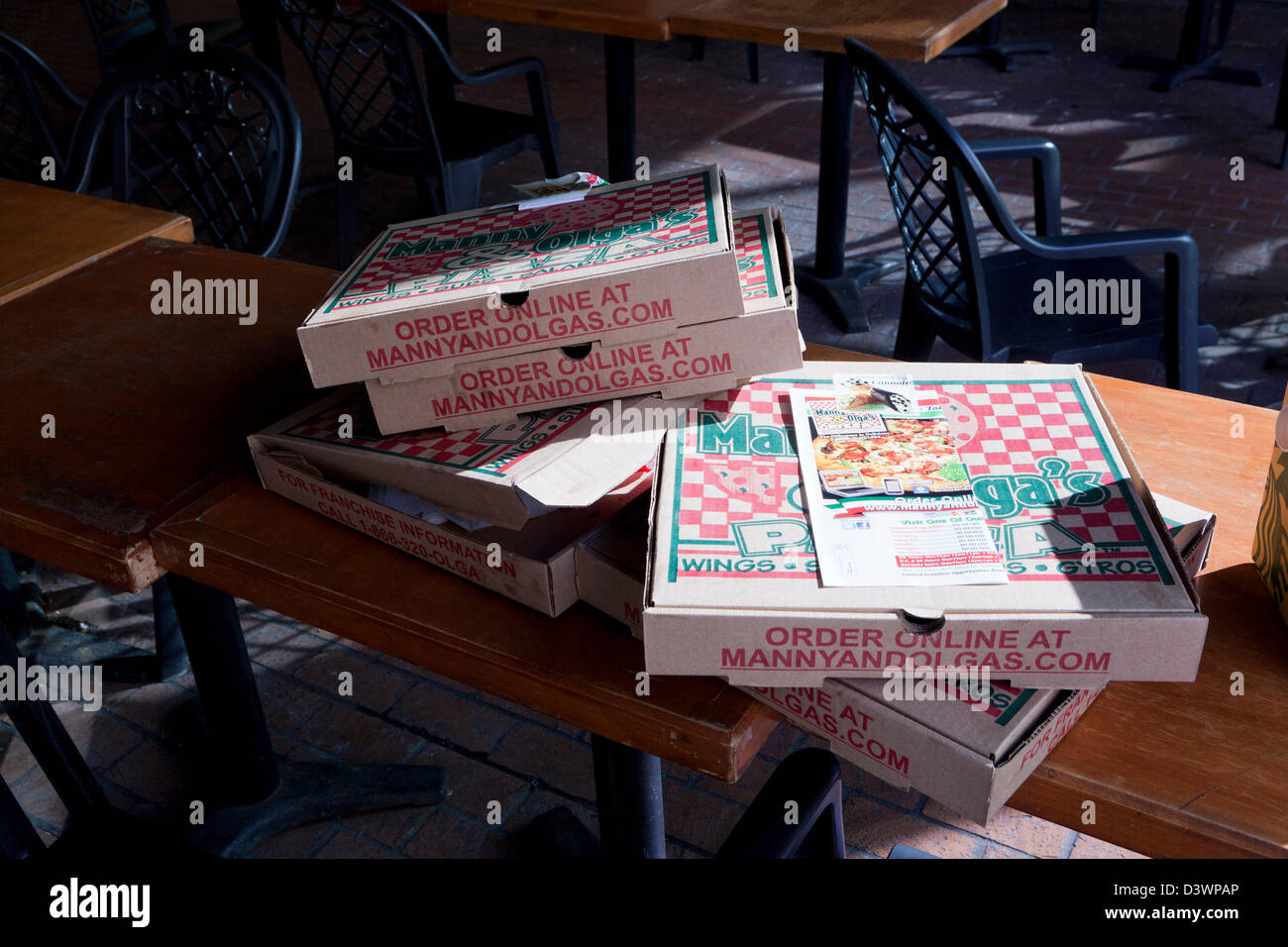 Empty pizza boxes on table Stock Photo Alamy