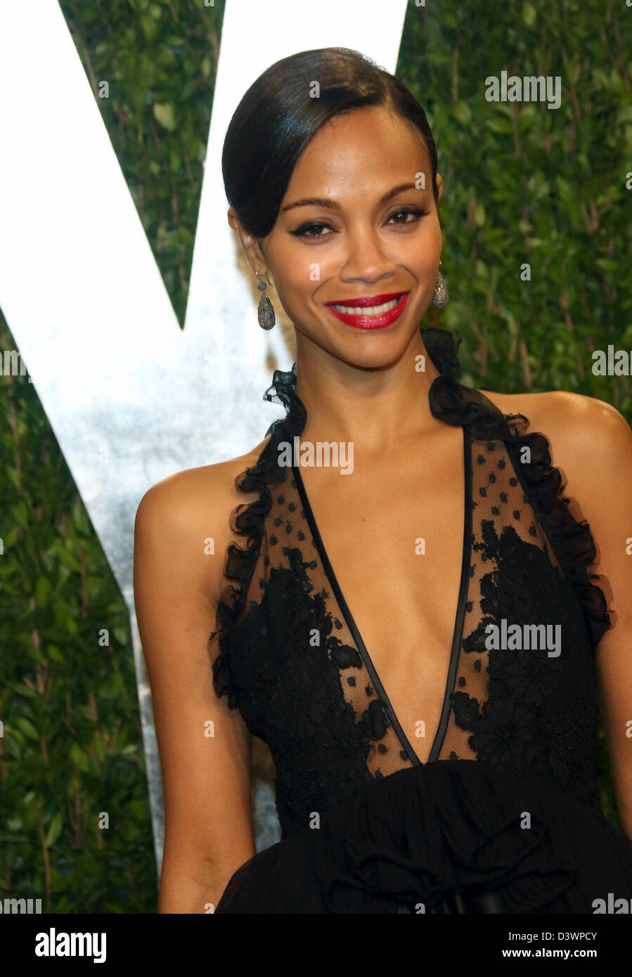 Actress Zoe Saldana arrives at the Vanity Fair Oscar Party at Sunset Tower in West Hollywood, Los Angeles, USA, on 24 February 2013. Photo: Hubert Boesl Stock Photo