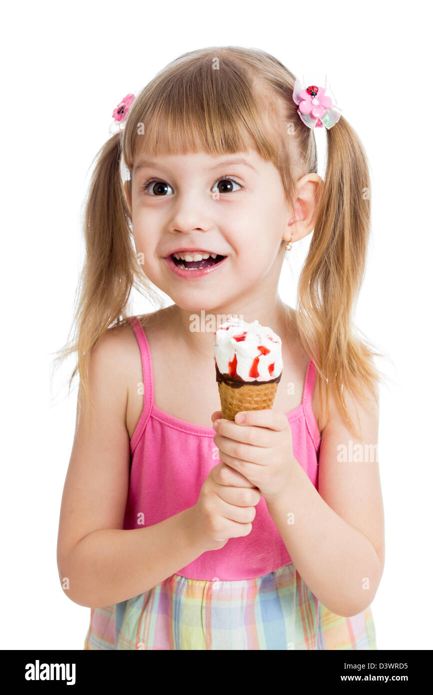 happy child girl eating ice cream in studio isolated Stock Photo Alamy