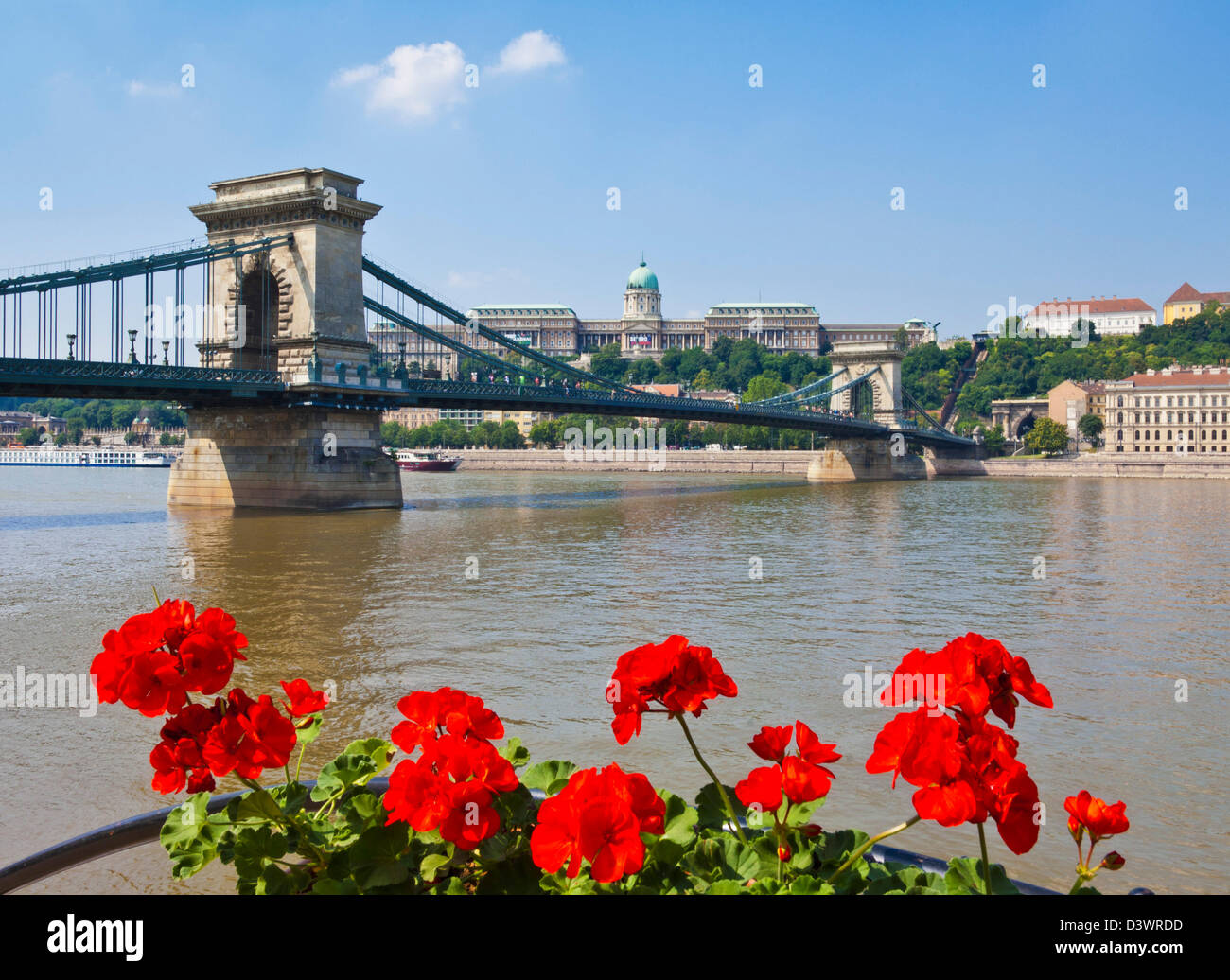 Chain Bridge Szechenyi Lanchid over the River Danube with the Hungarian National Gallery behind Budapest Hungary Europe EU Stock Photo