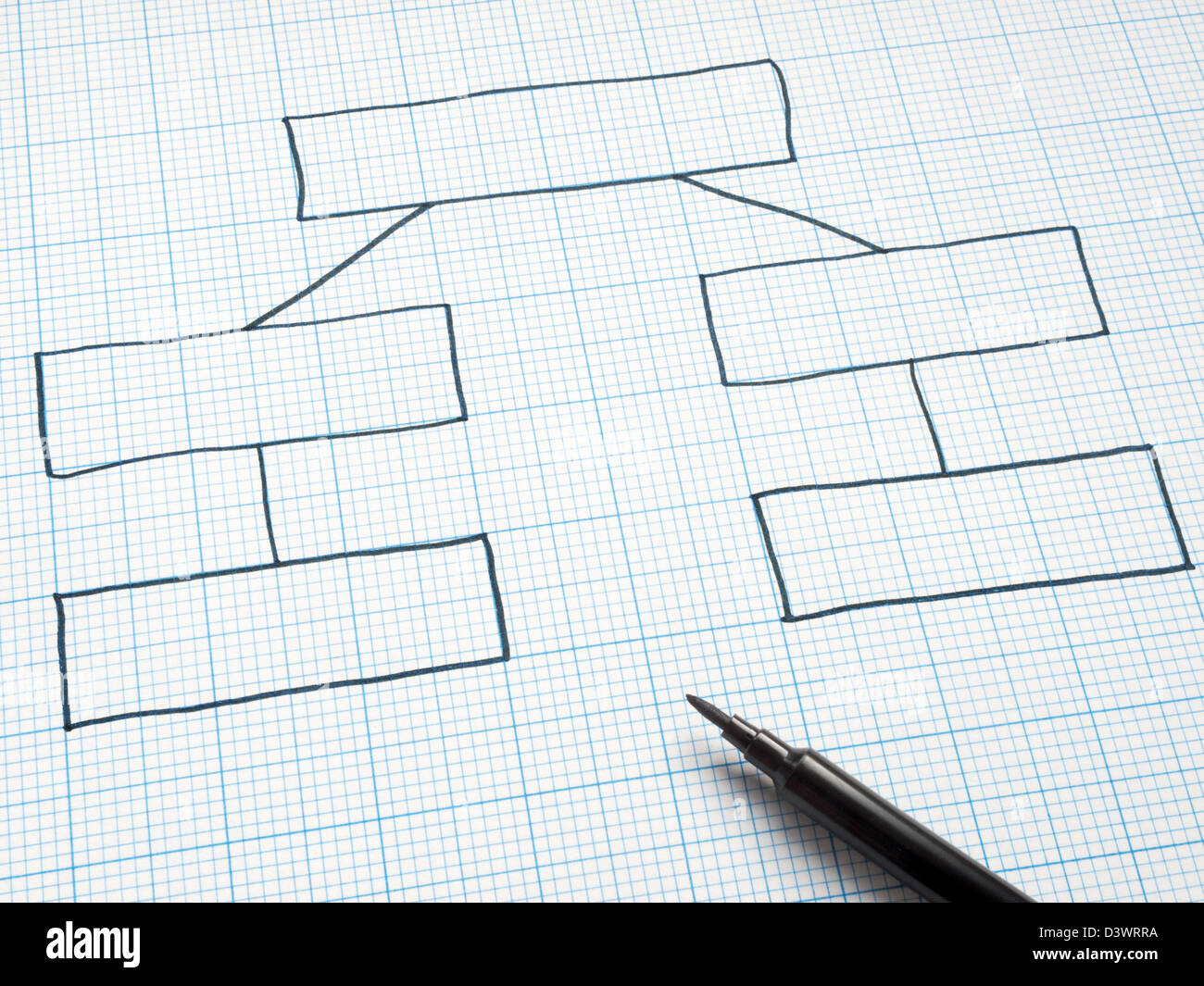 Blank organisation flow chart drawn on square graph paper. Stock Photo