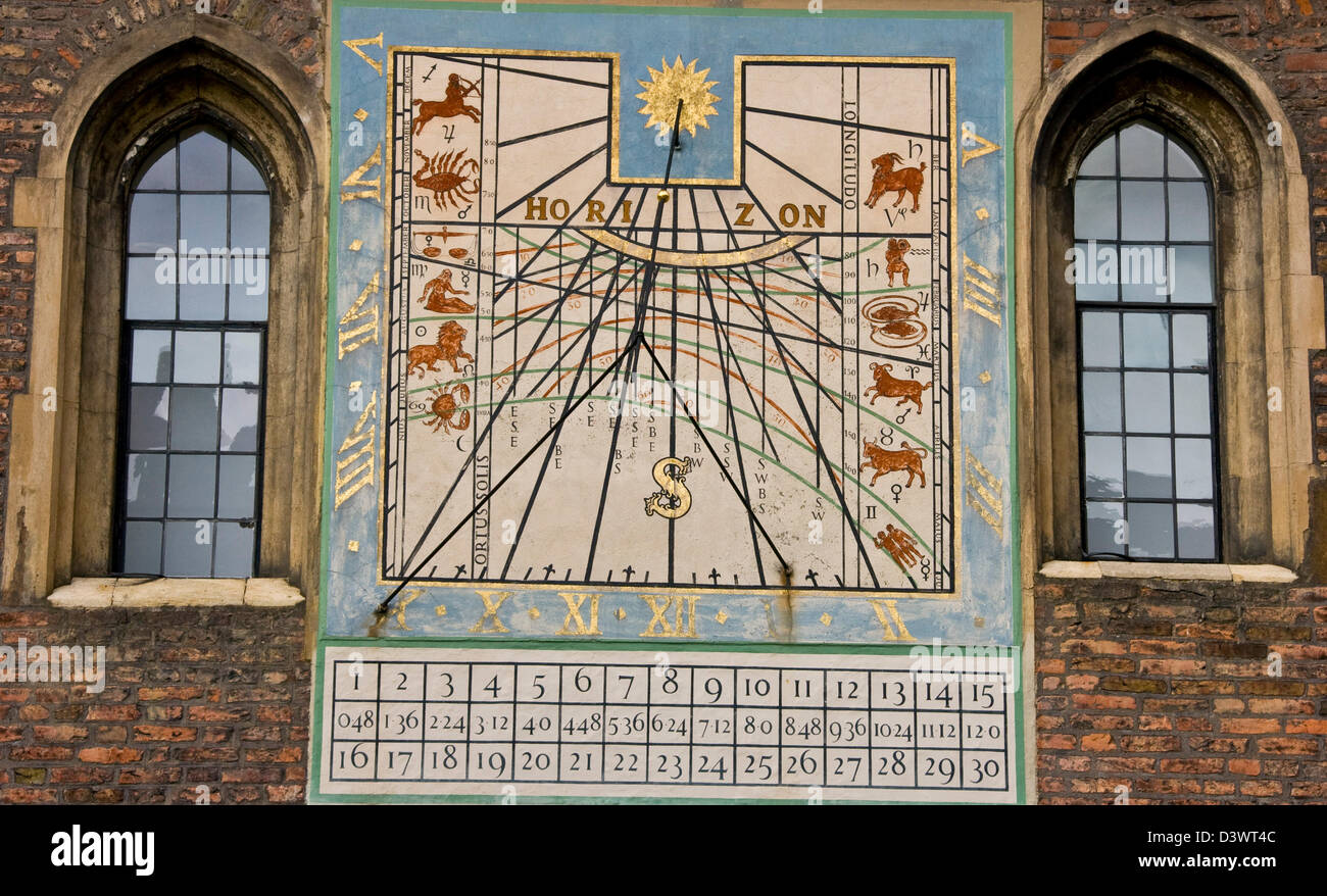 Sundial first painted in 1642 in Old Court grade 1 listed Queens College Cambridge Cambridgeshire England Europe Stock Photo