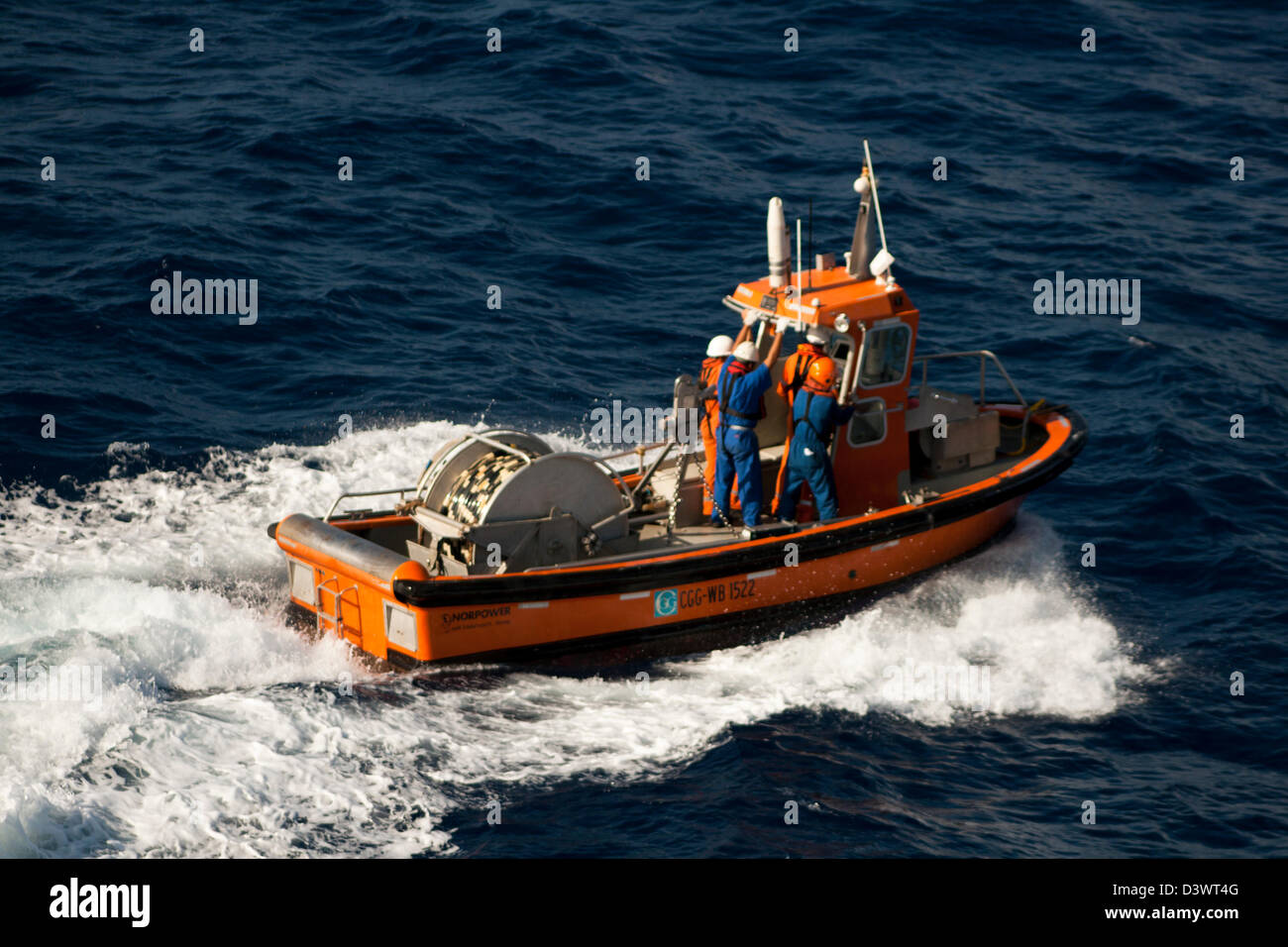 Offshore workboat of a seismic vessel Stock Photo