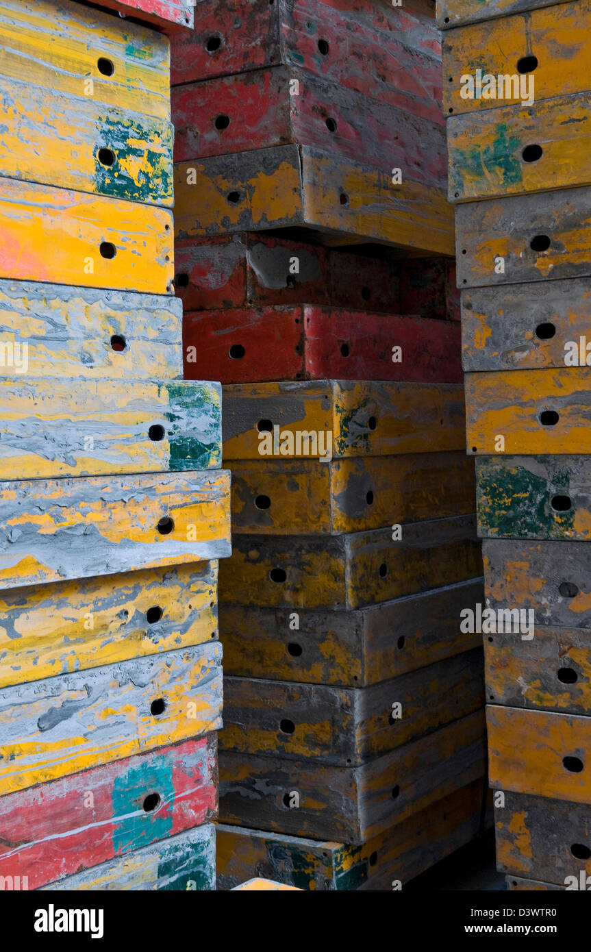 Colorful concrete construction stacked formwork. Stock Photo
