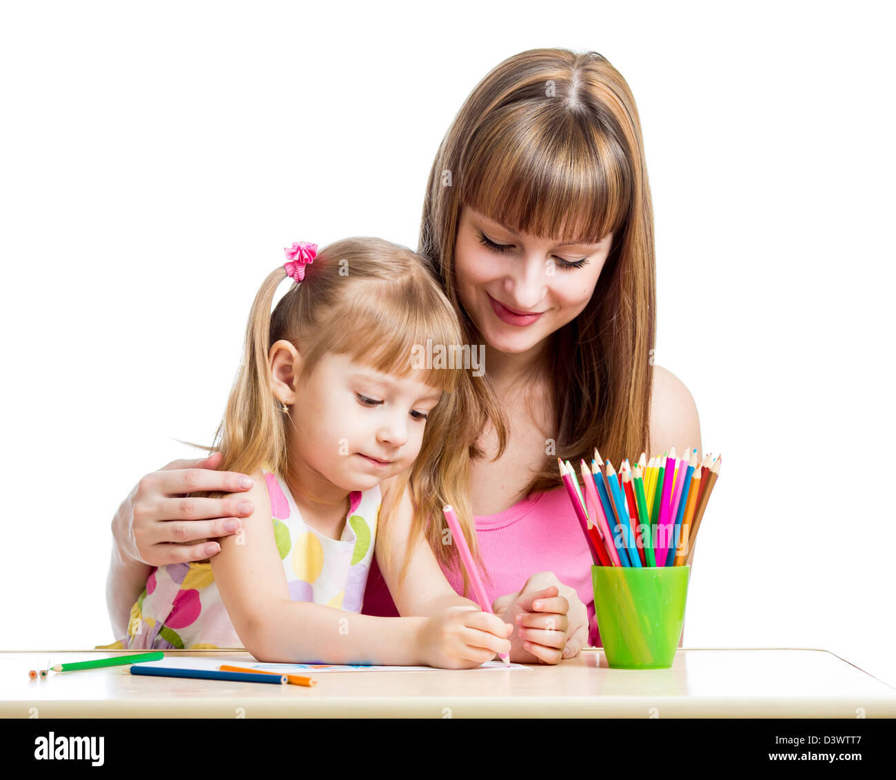mother and her child girl pencil together Stock Photo