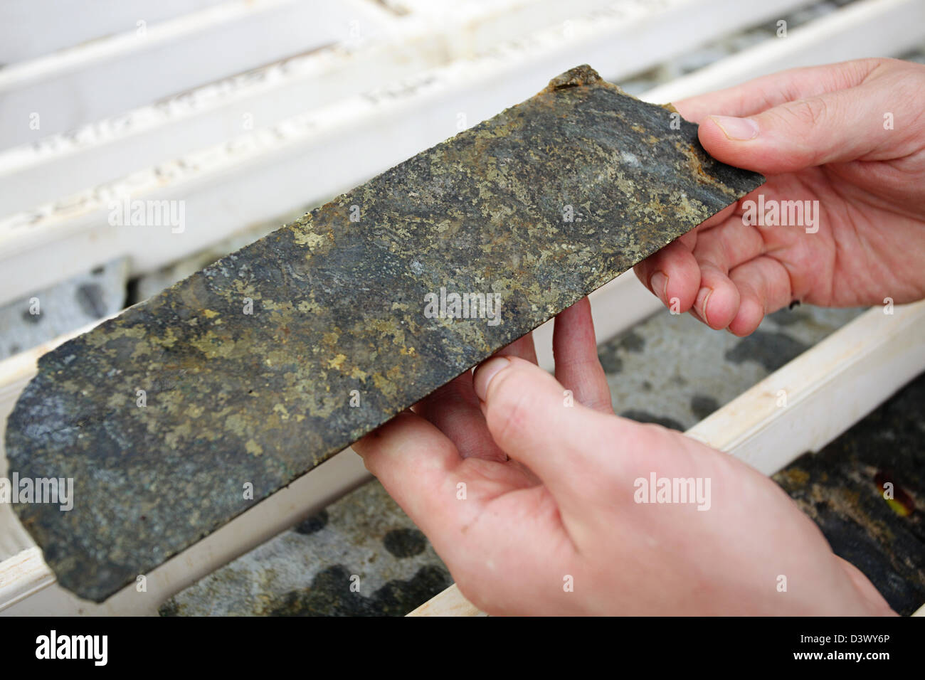 Hands holding core sample drilled to estimate copper levels Stock Photo