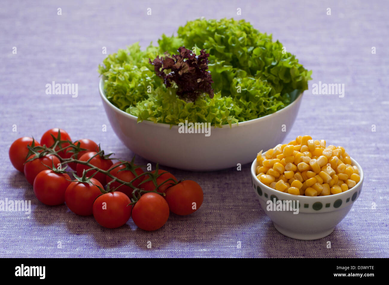 Close-up view of fresh mixed salad organic ingredients; salad, sweet corn, tomato Stock Photo