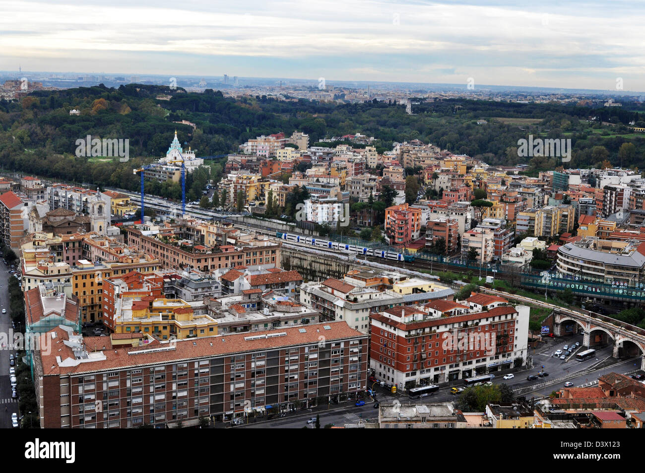 View across Rome from St Peter's Basilica towards the Via di Villa Spada, train station. Stock Photo