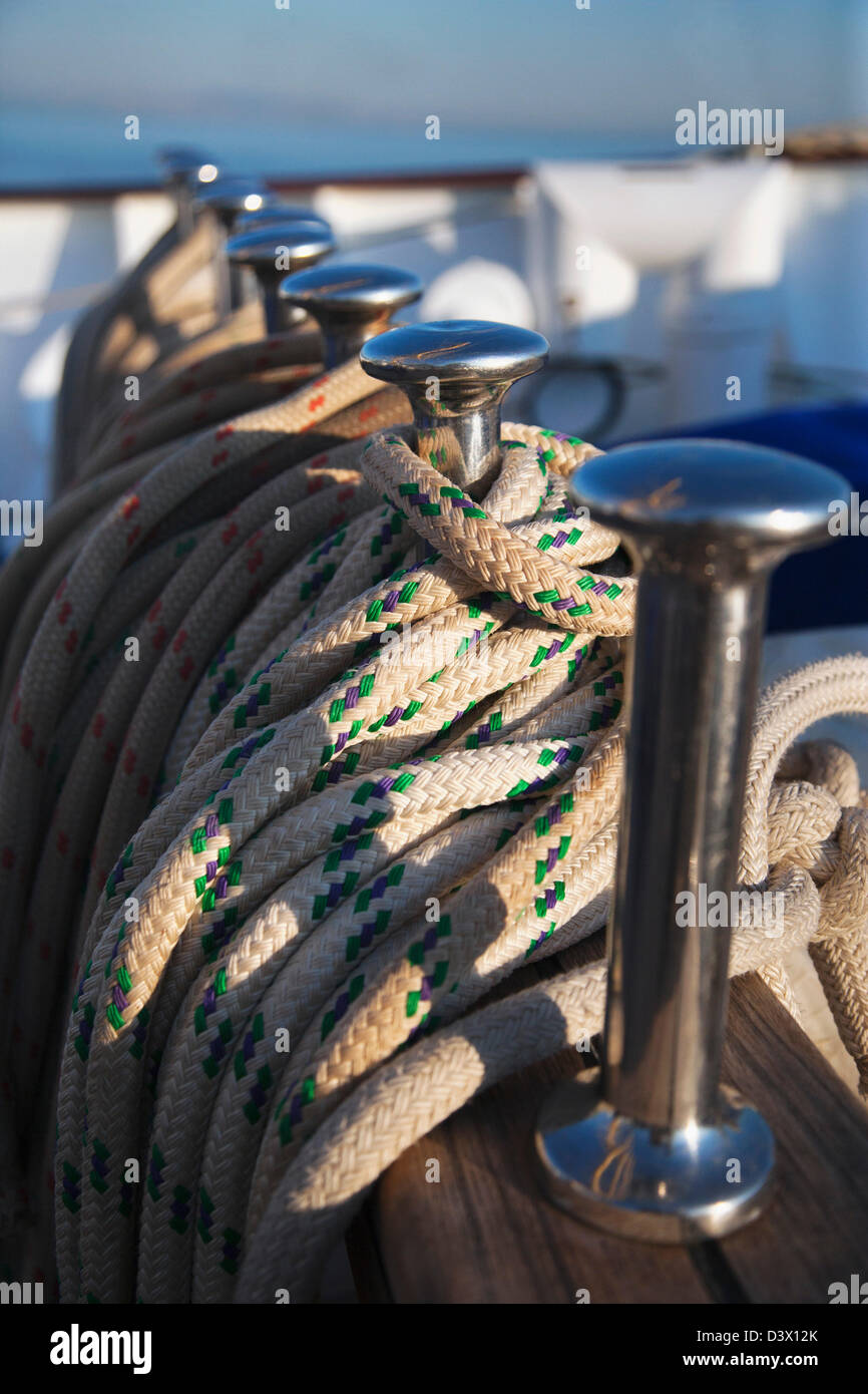 Close-up of rope and hooks of a clipper ship, Sorrento, Tyrrhenian Sea ...